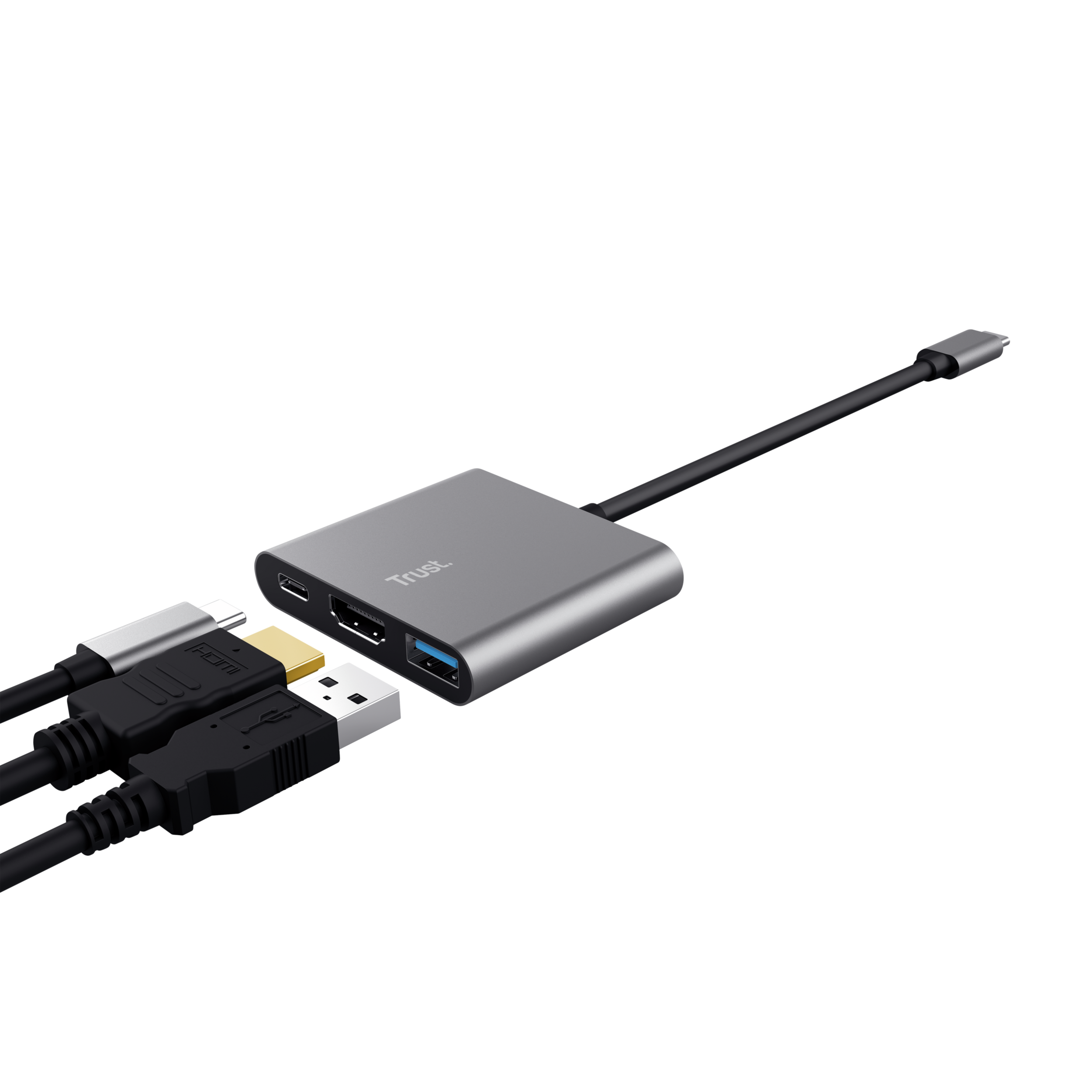 Ein grauer USB-C-Hub mit mehreren herausragenden Kabeln.