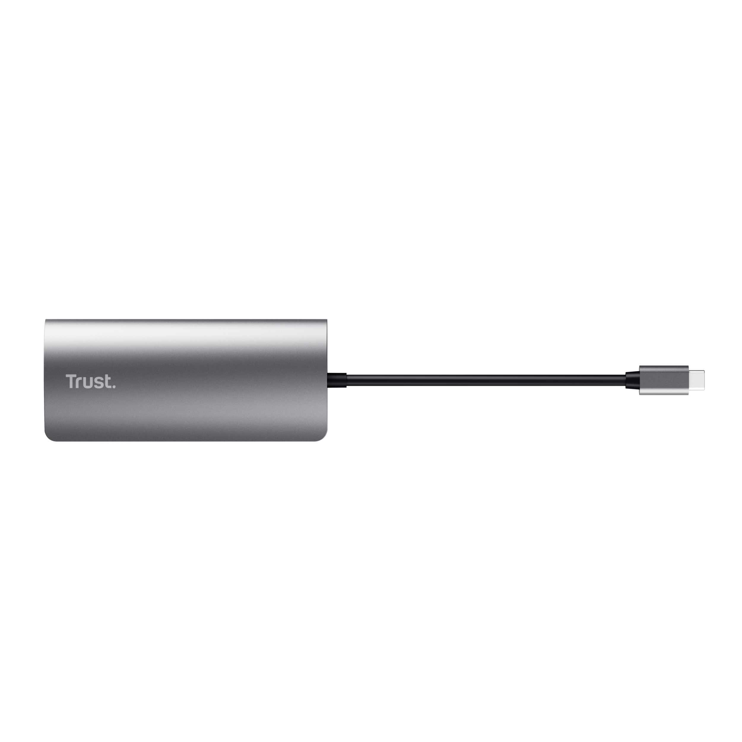 Ein silberner USB-C-Adapter mit schwarzem Kabel vor schwarzem Hintergrund.