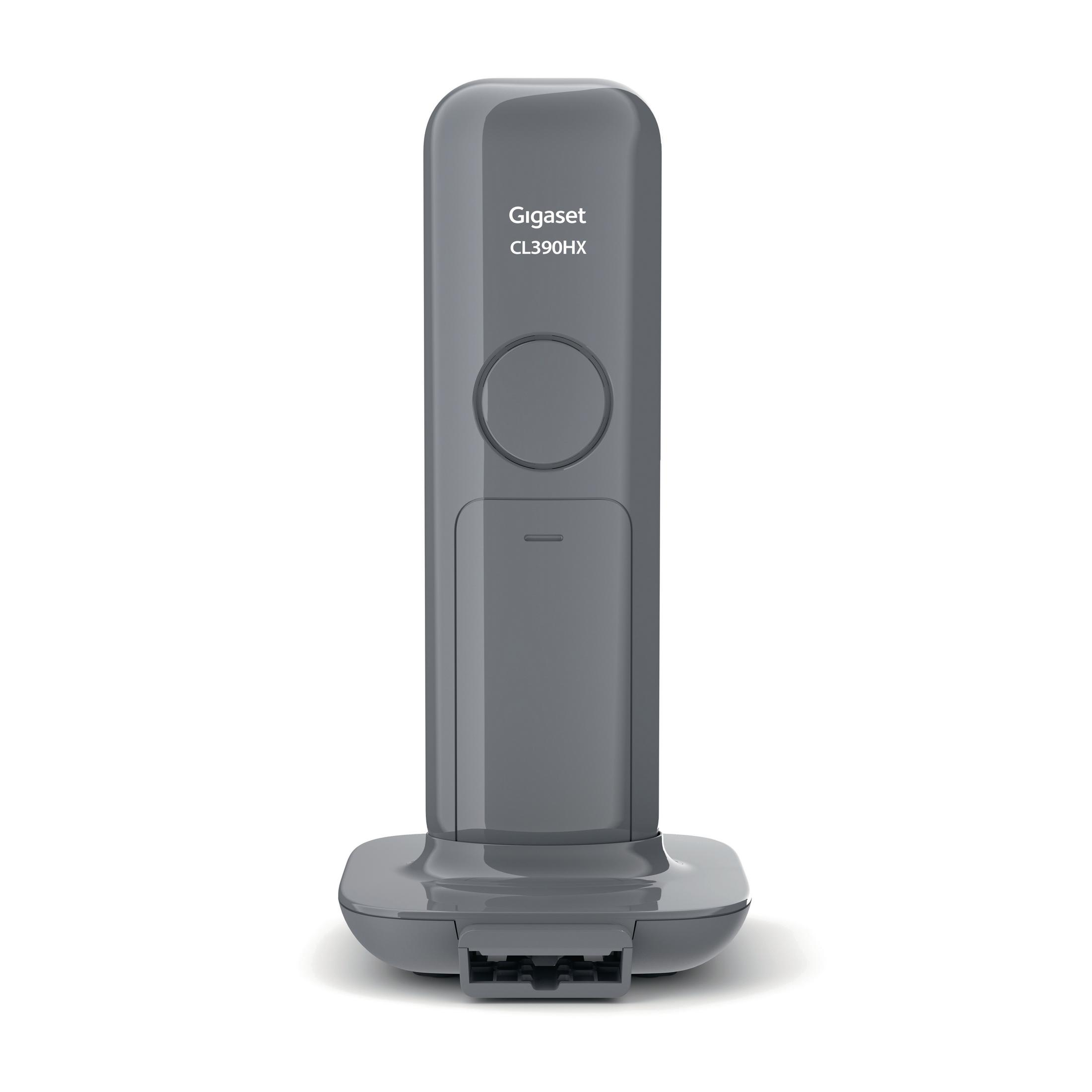 Un teléfono inalámbrico gris Gigaset CL390HX en su base, con Gigaset y el nombre del modelo visibles.