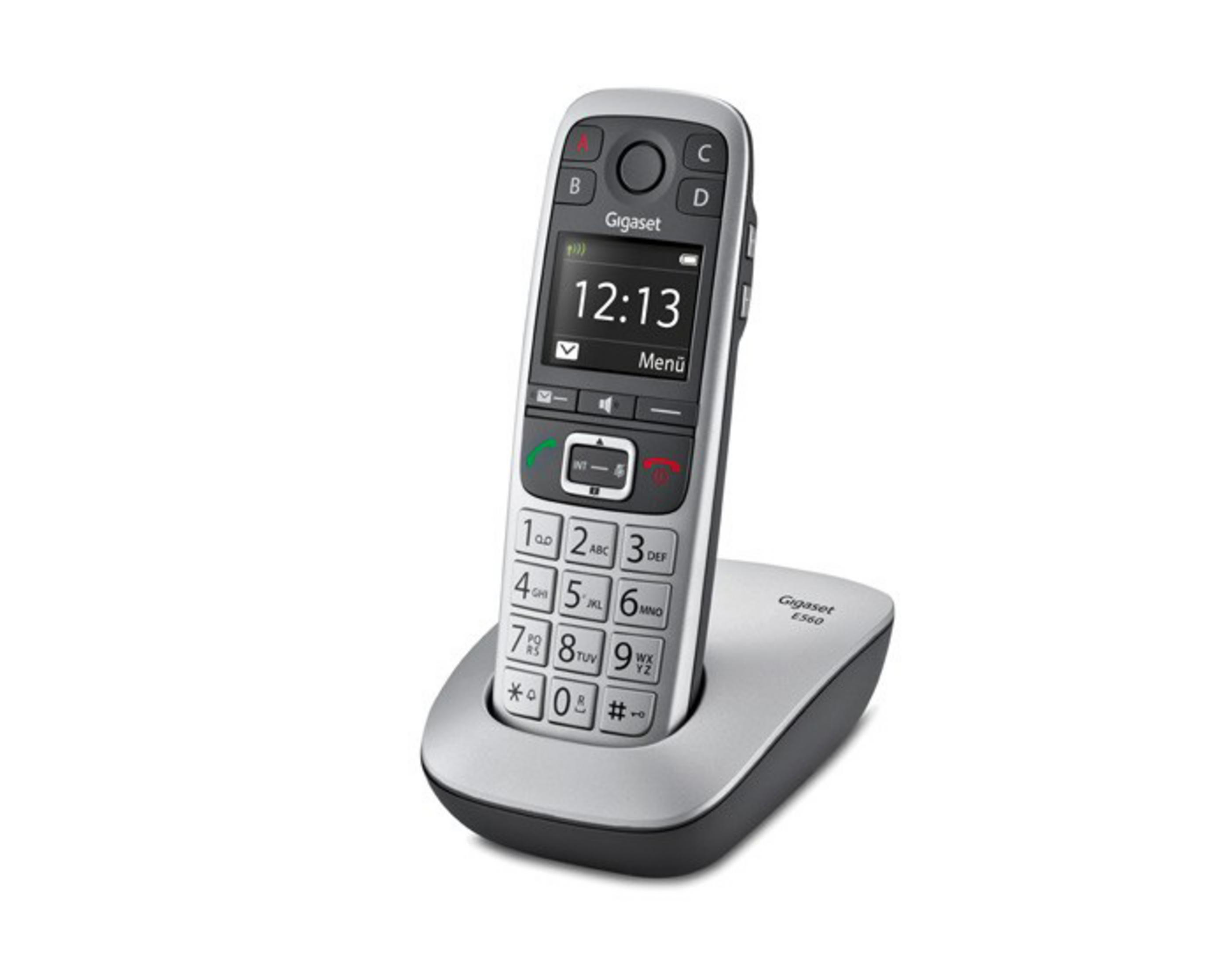 Teléfono inalámbrico Gigaset plateado sobre una base.