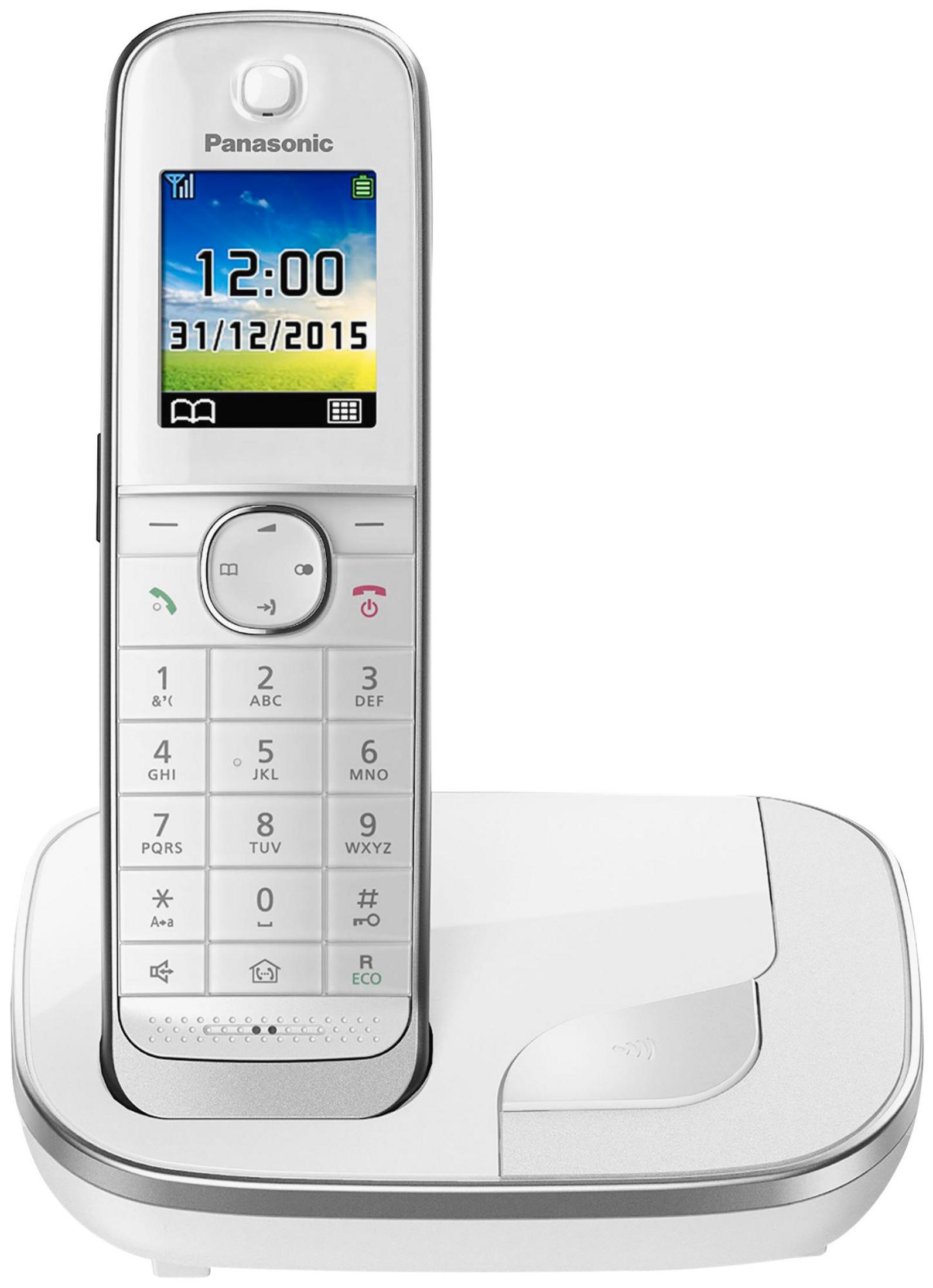 Teléfono inalámbrico Panasonic blanco y base de carga. Muestra la hora y fecha en pantalla.