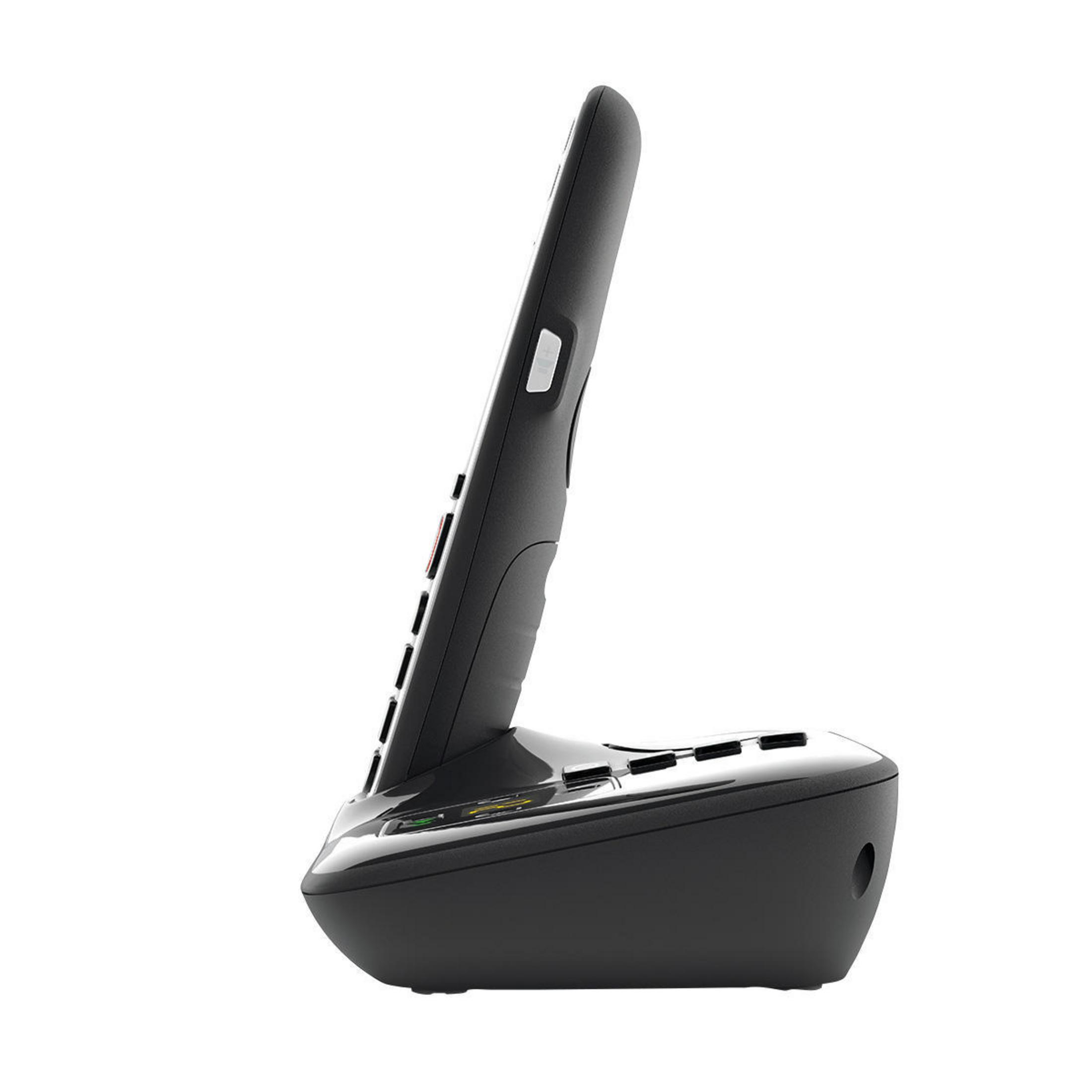 Ein schwarzes schnurloses Telefon und eine Basis. Das Telefon ist abgewinkelt und zeigt sein Seitenprofil.