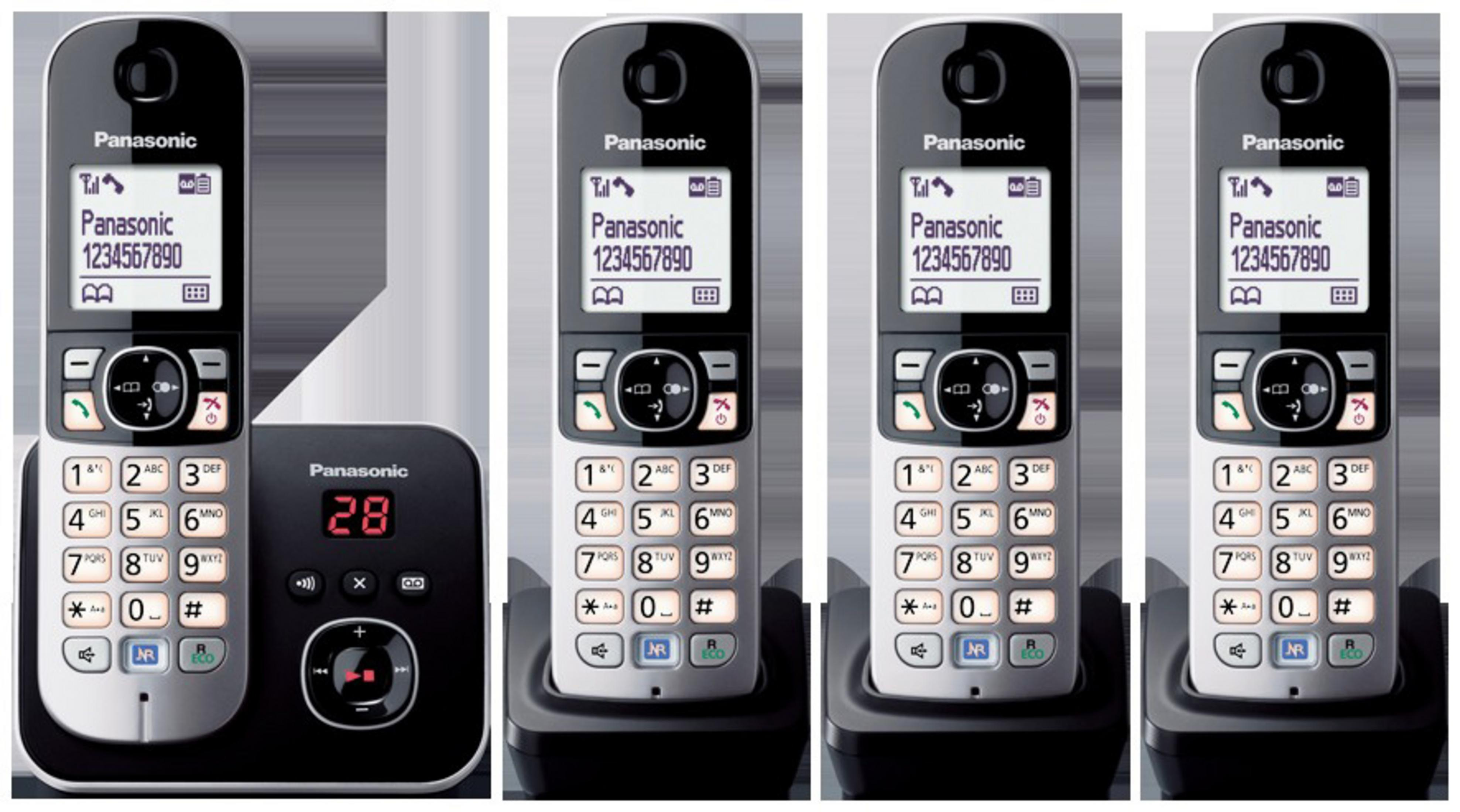 Cztery telefony bezprzewodowe i stacja bazowa. Telefony wyświetlają numery. Baza pokazuje '28'.