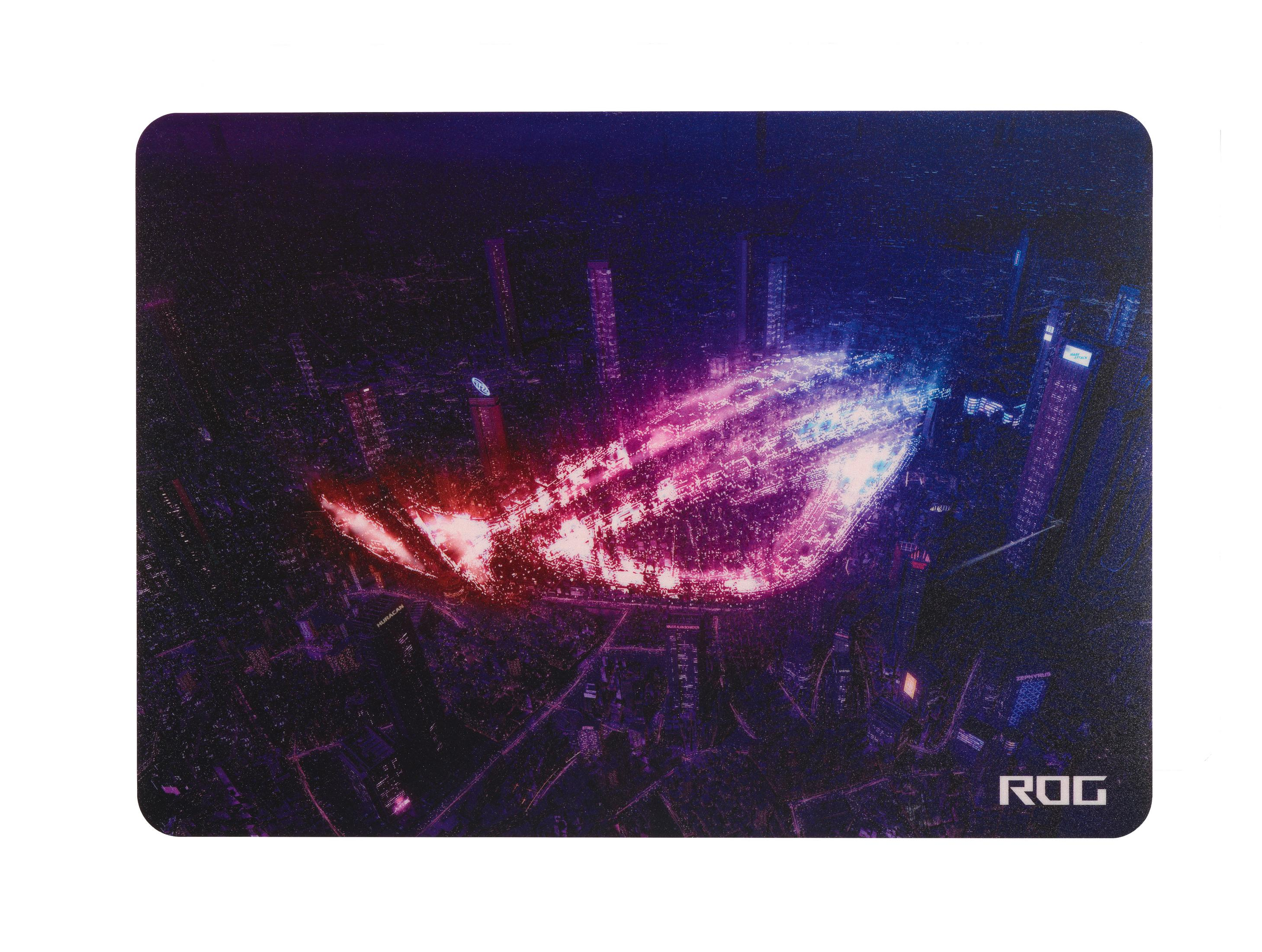 ROG gaming muismat met nachtstad scène en ROG logo.