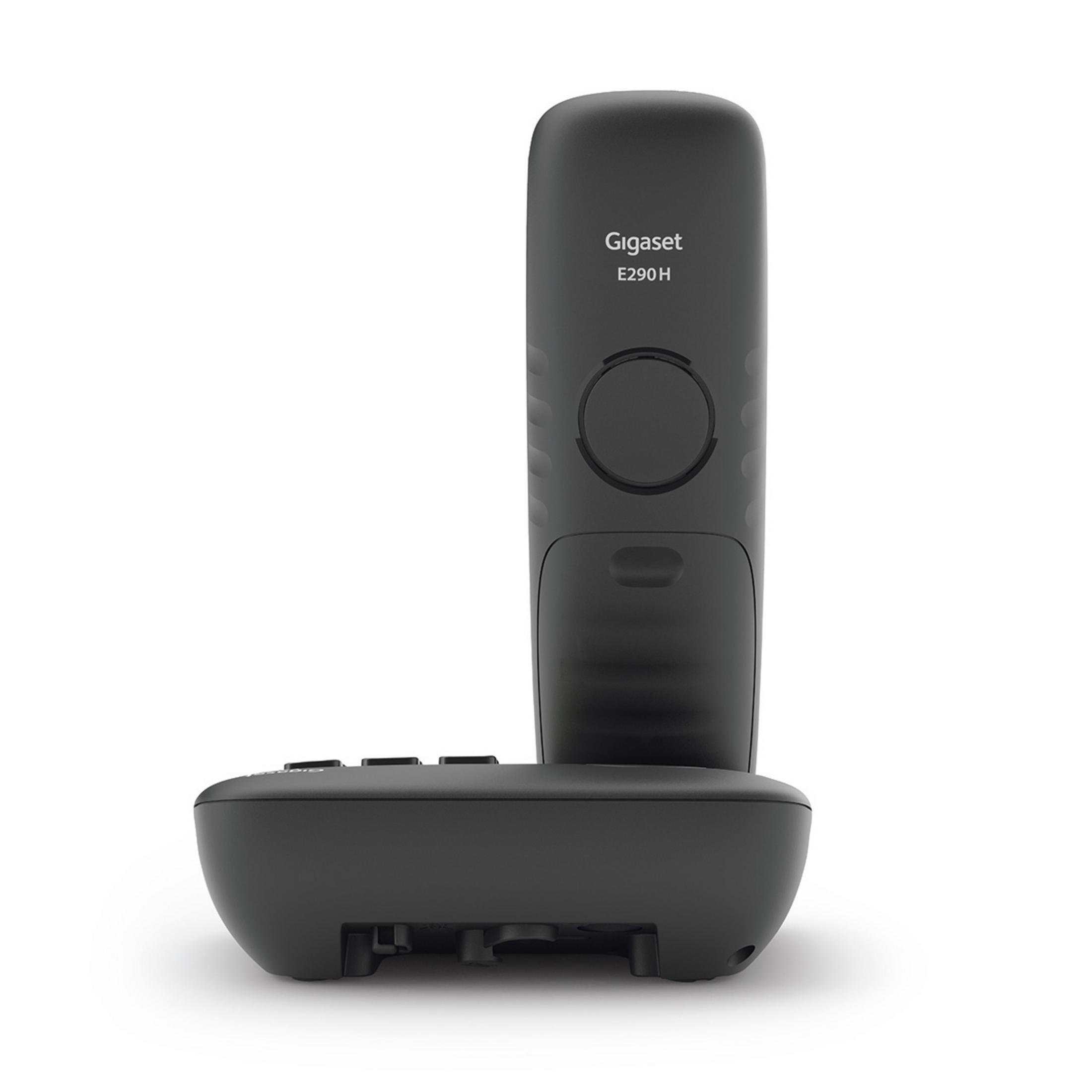 Teléfono inalámbrico Gigaset negro, base y auricular.