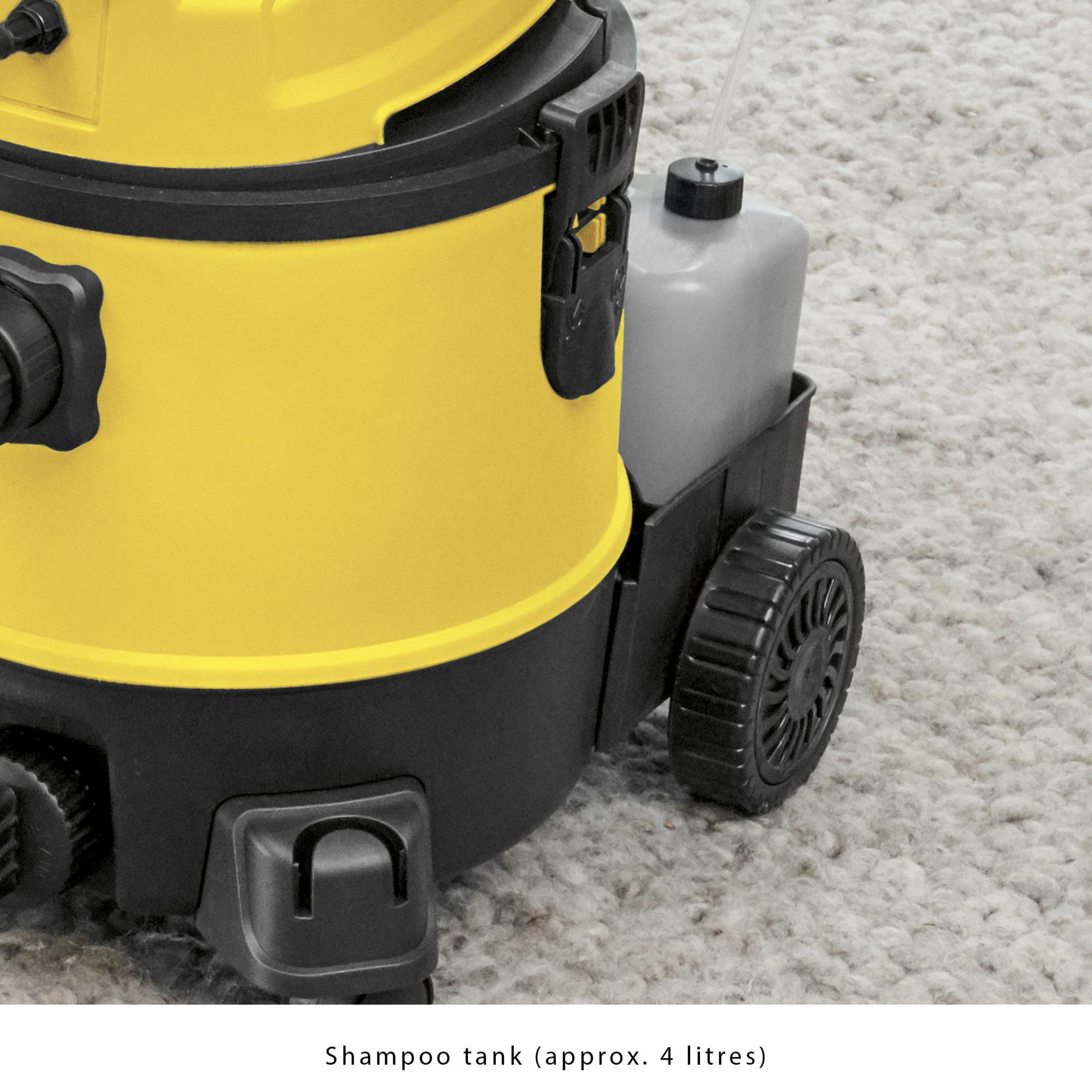 Żółto-czarna maszyna do czyszczenia z szarym zbiornikiem na wodę i kołami.