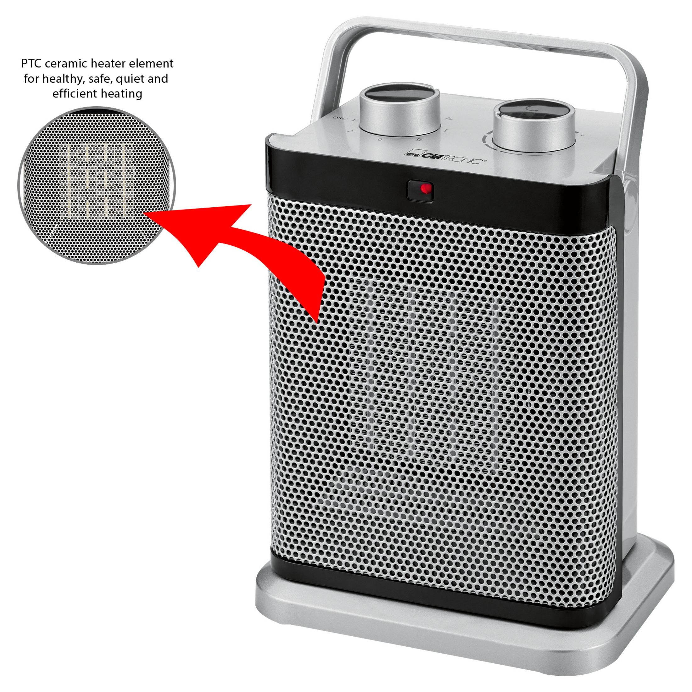 Srebrno-czarny przenośny grzejnik ceramiczny z elementami sterującymi i strzałką wskazującą element grzejny.