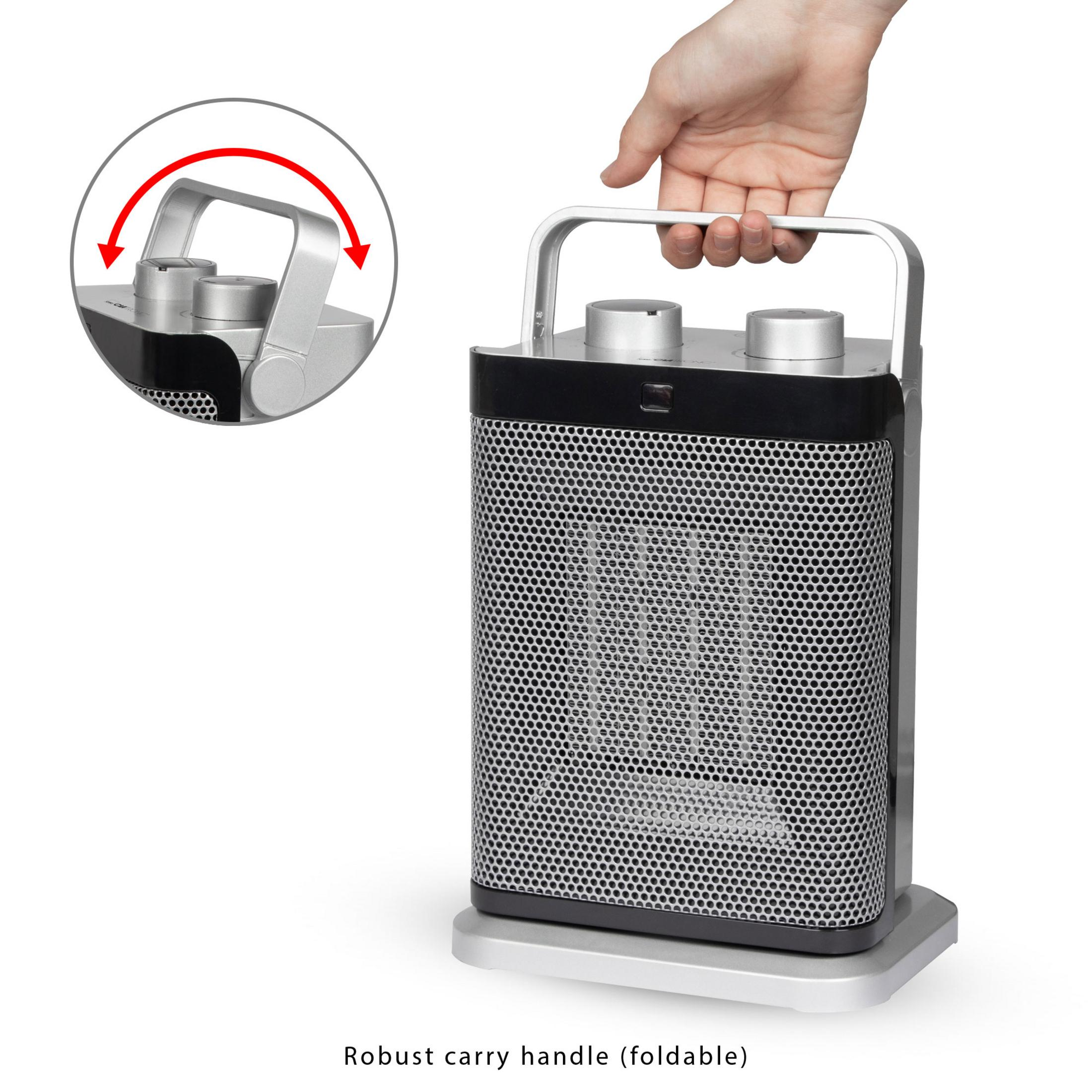 Srebrno-czarny grzejnik z uchwytem i zbliżeniem pokręteł sterujących.