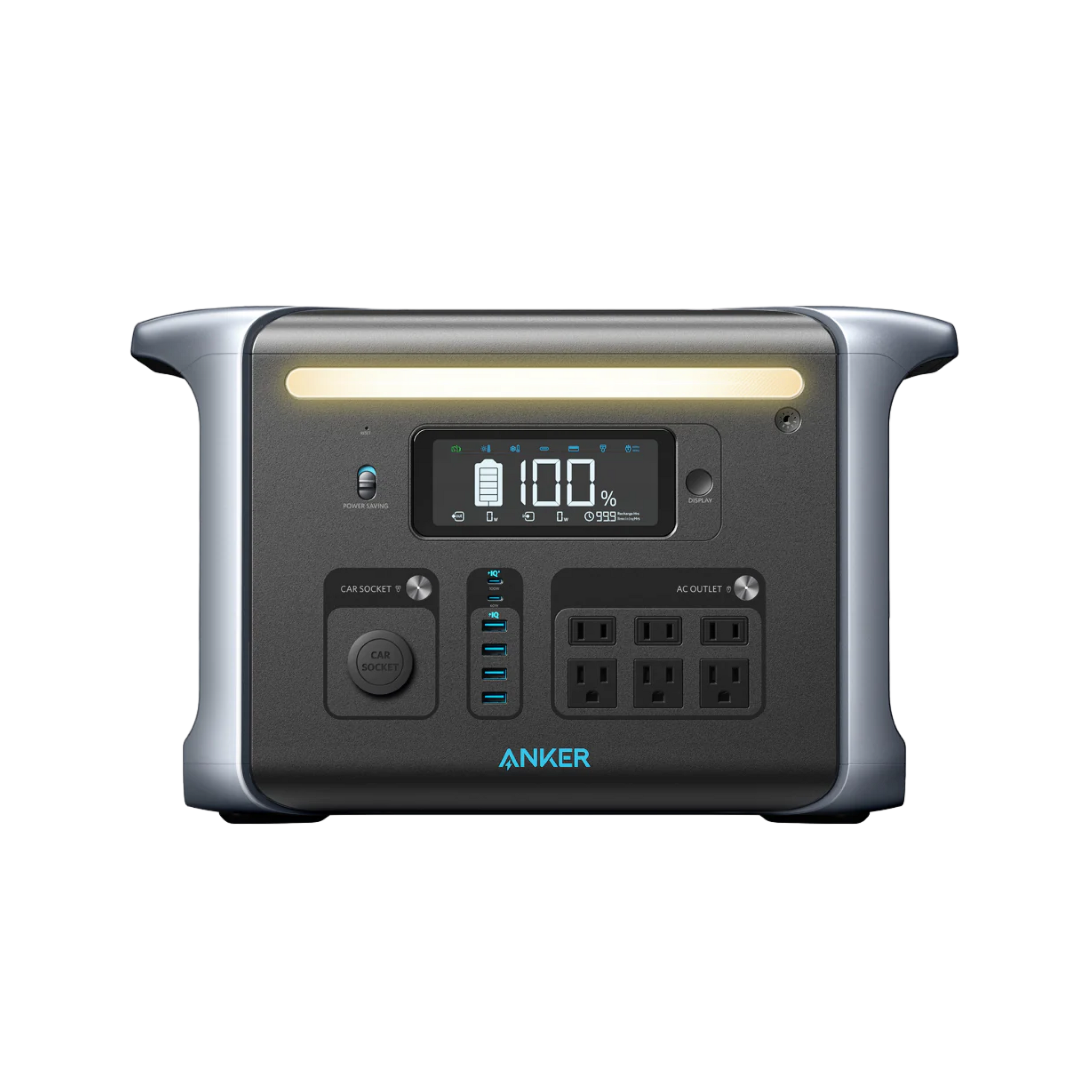 Czarna i srebrna przenośna stacja zasilania z wyświetlaczem, wieloma gniazdami i gniazdem samochodowym.