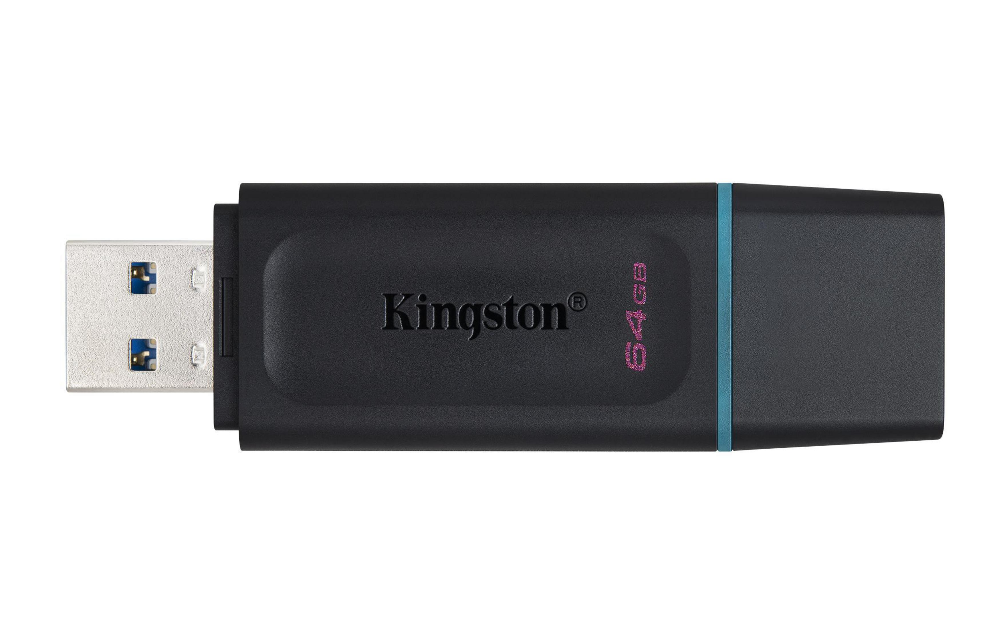 Czarny pendrive Kingston z nazwą marki i niebieskim akcentem.