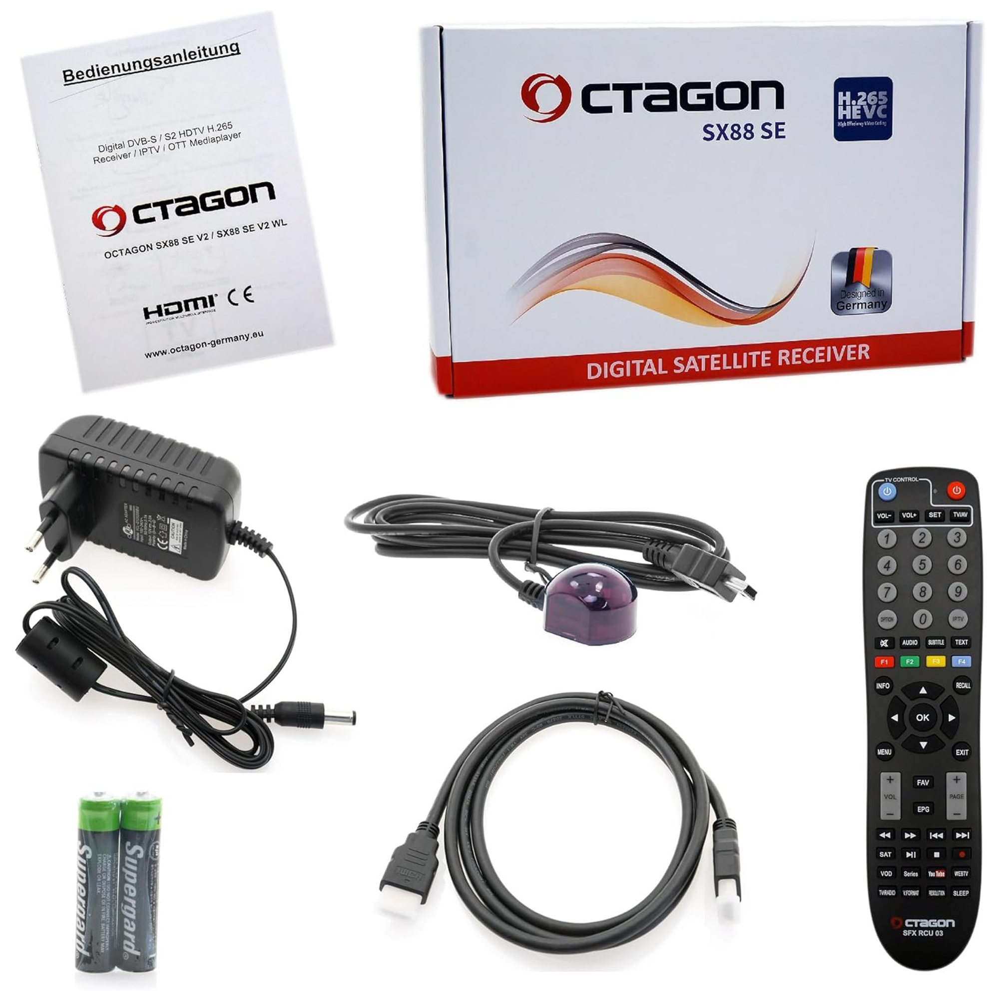Ein Set von Satellitenempfängerkomponenten, darunter eine Box, Fernbedienung und Kabel auf Weiß.