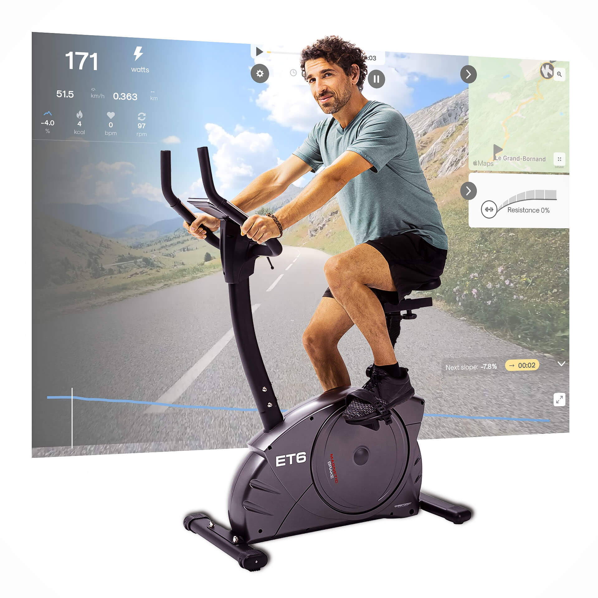 Mann auf Heimtrainer, Bildschirm zeigt Geschwindigkeit, Watt und Karte. Mann trägt T-Shirt und Shorts.