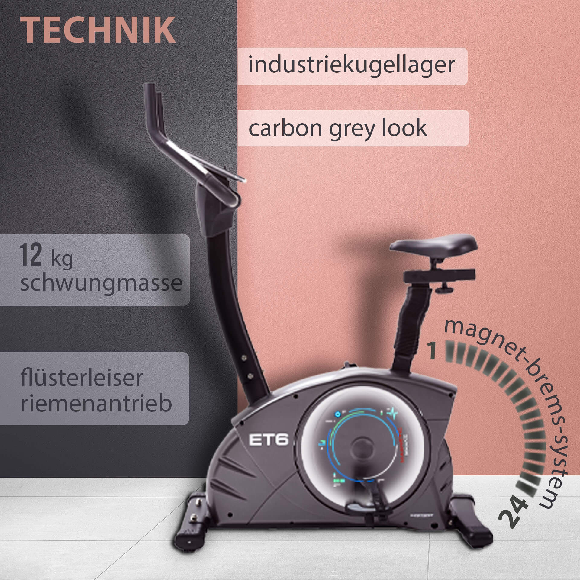 Heimtrainer, grau, mit Etiketten und Text, Indoor-Fitnessgerät.