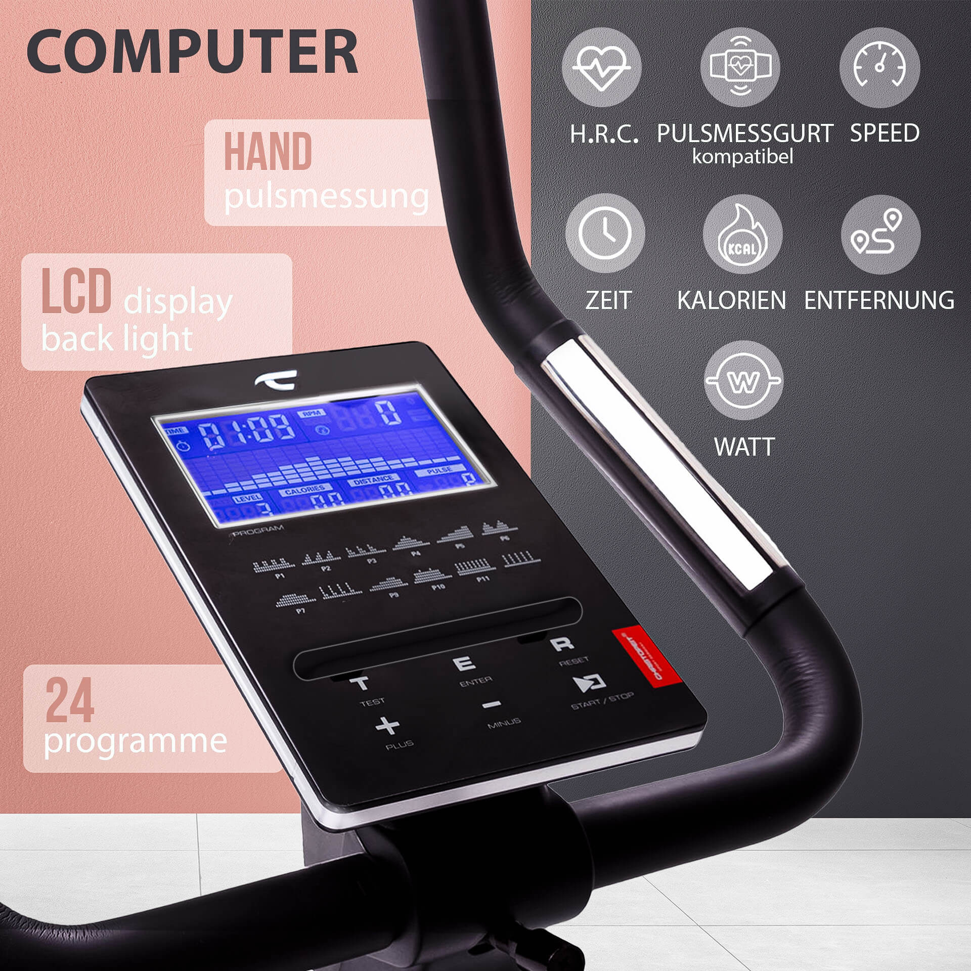 Ergometer-Bedienfeld mit Anzeige von Zeit, Geschwindigkeit und anderen Metriken.