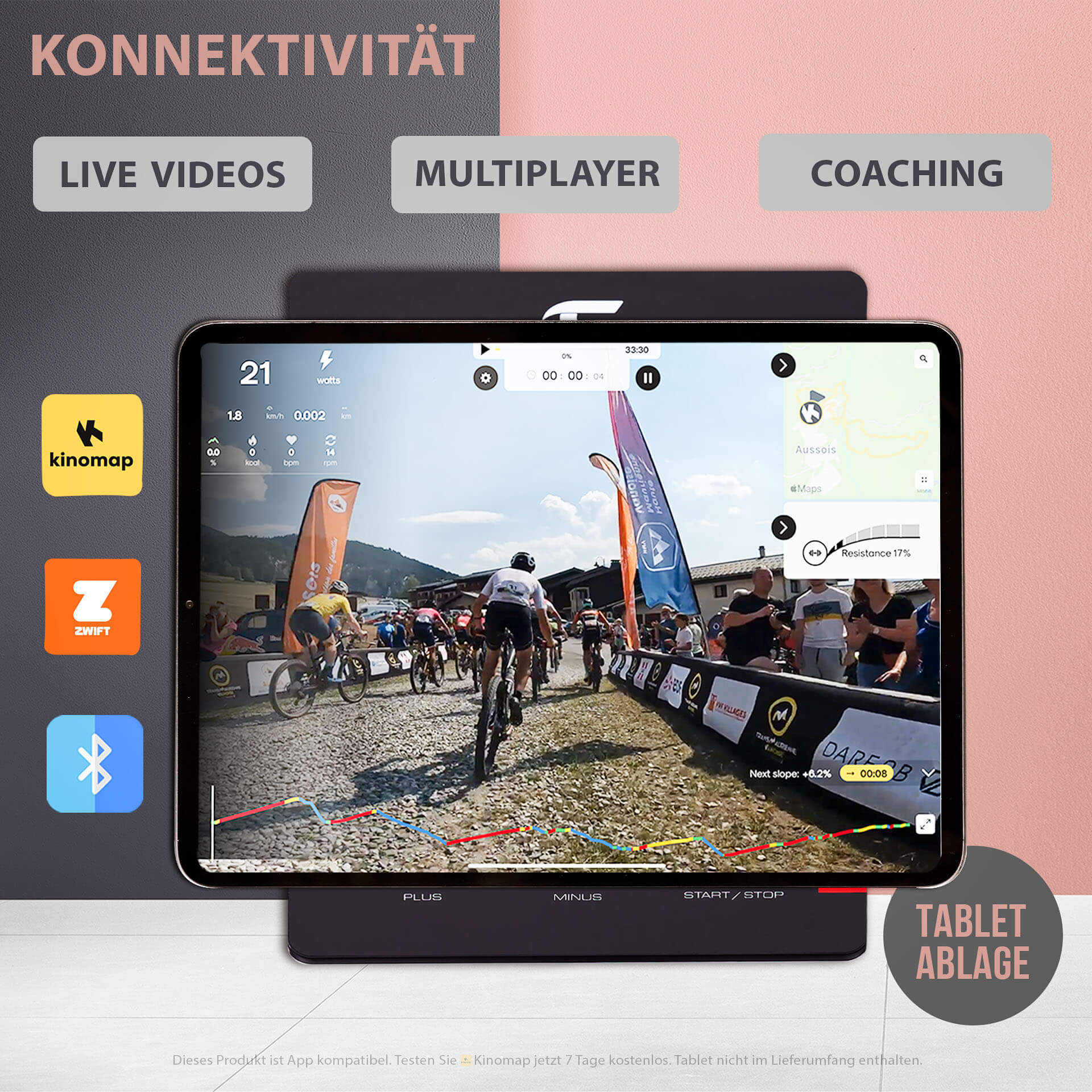 Ein Tablet zeigt eine Radrennsimulation. Rosa und schwarzer Hintergrund.