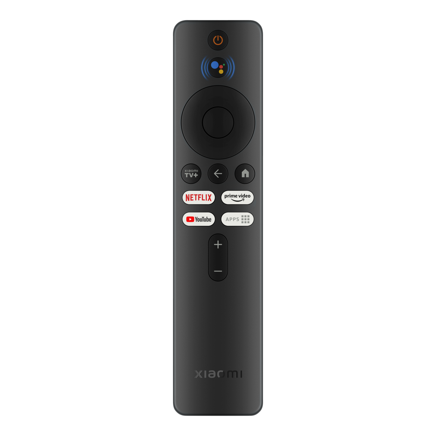 Mando a distancia de TV Xiaomi negro con varios botones, incluyendo iconos de Netflix y YouTube.