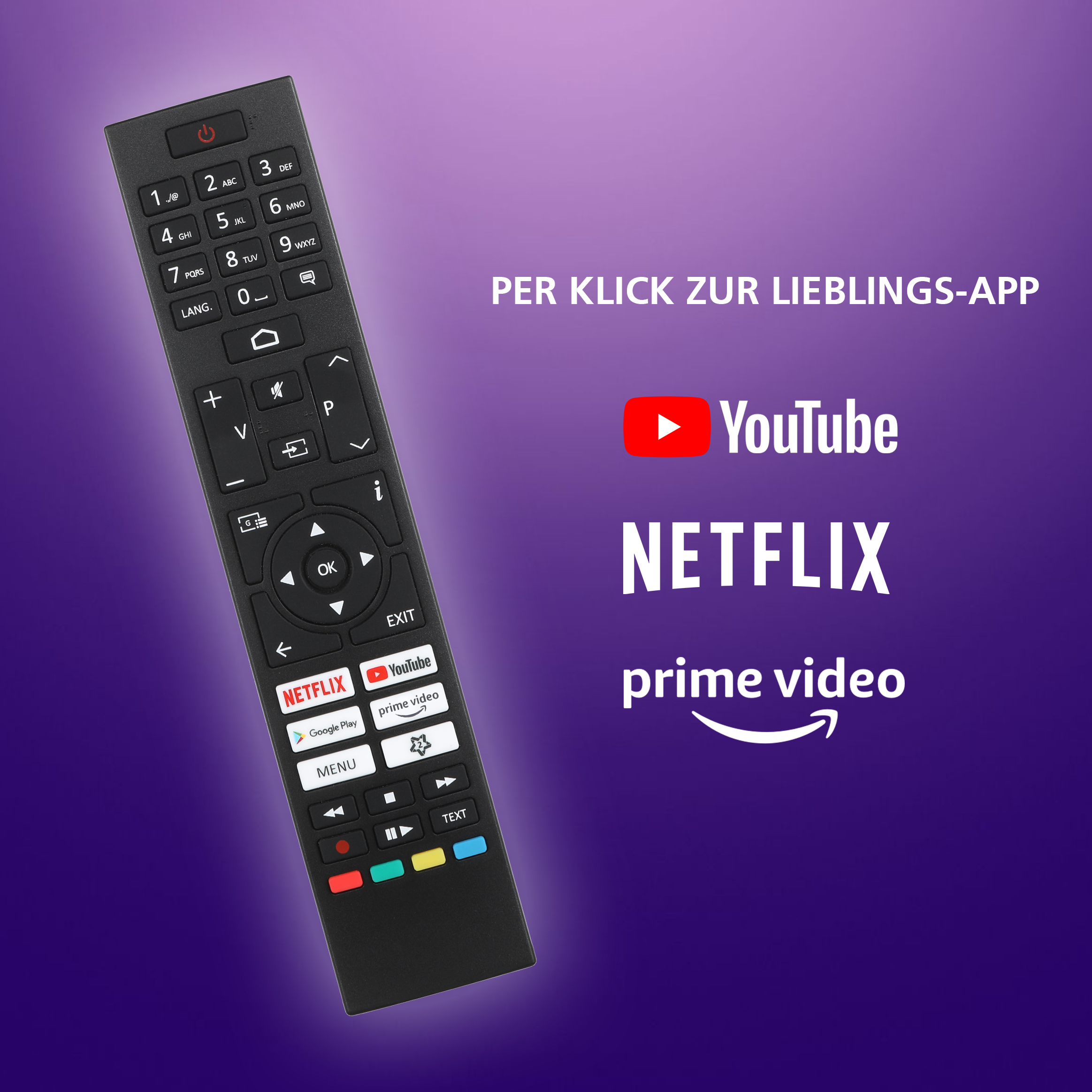 Schwarze Fernbedienung mit Knöpfen, Text und App-Logos auf lila Hintergrund mit Social-Media-Logos.