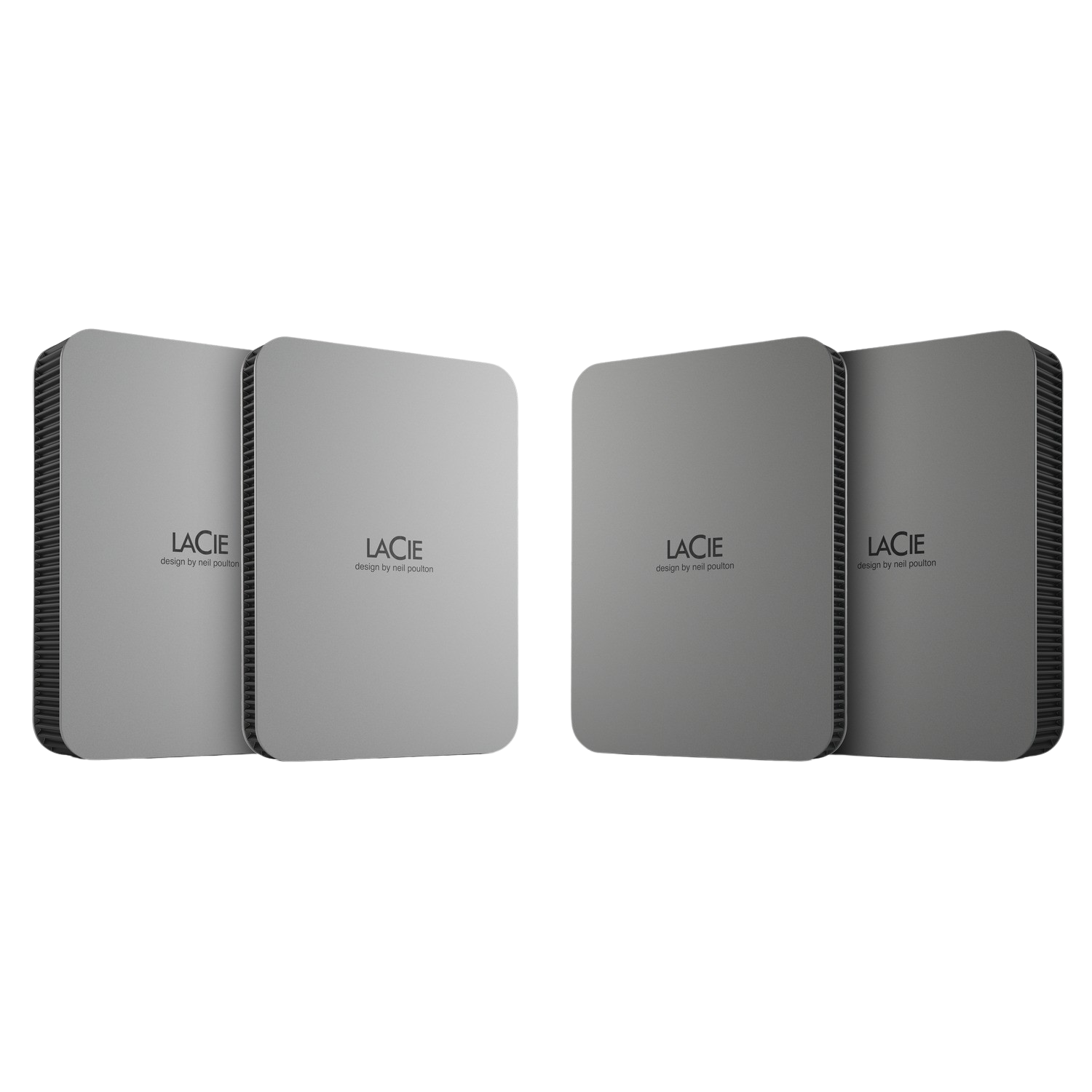 Cztery szare zewnętrzne dyski twarde obok siebie.