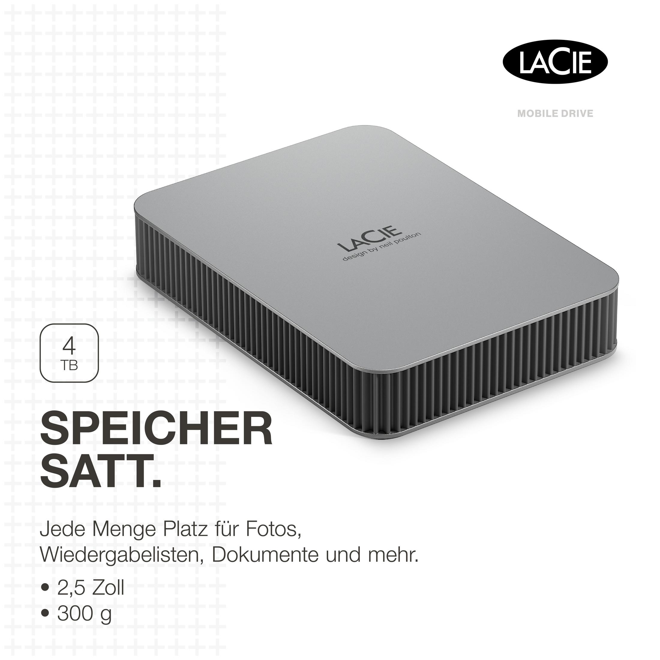 Srebrny dysk mobilny LaCie, pamięć 4TB, z tekstem po niemiecku, na białym tle.