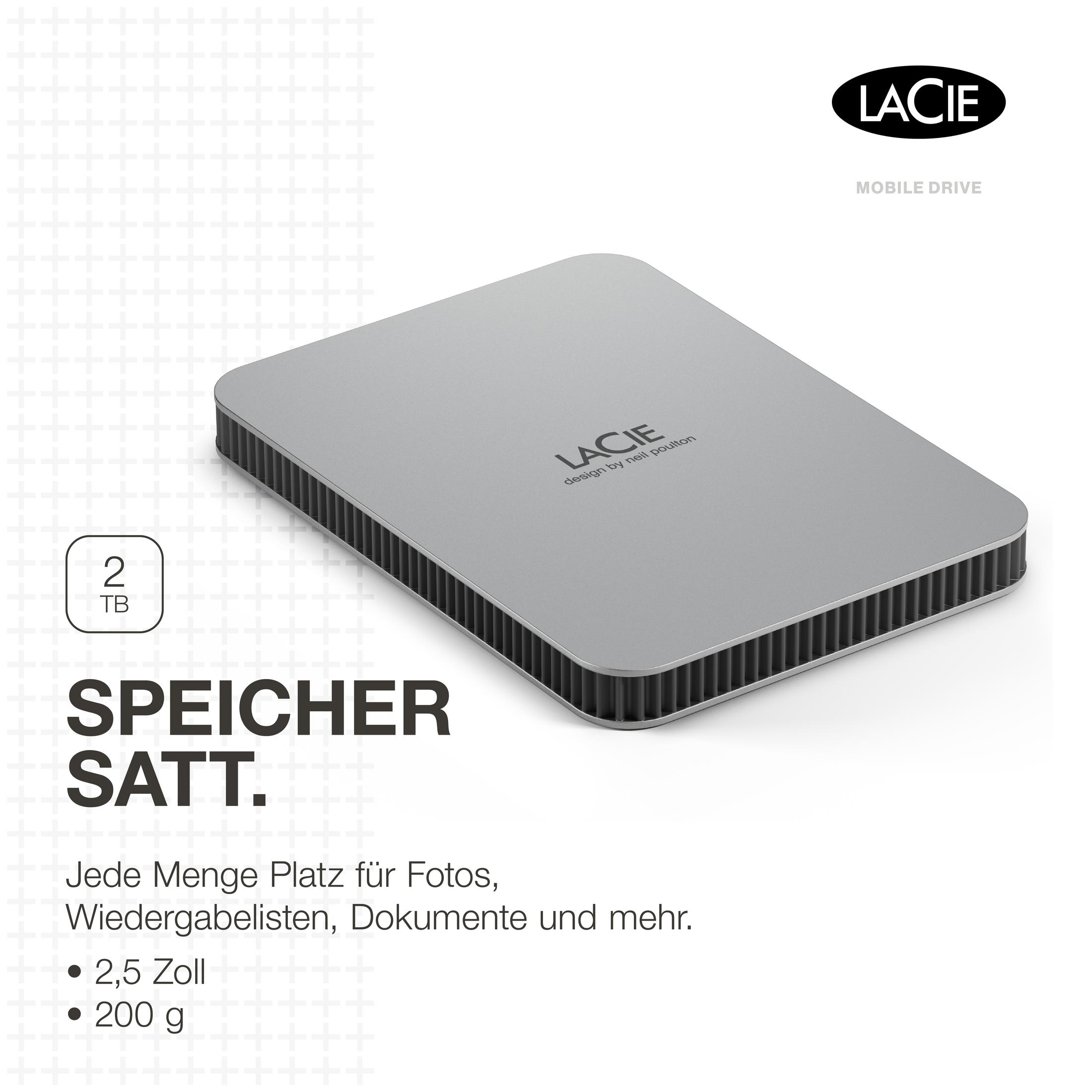 Srebrny zewnętrzny dysk twardy, z tekstem. Pojemność 2 TB. Tekst w języku niemieckim na dole.