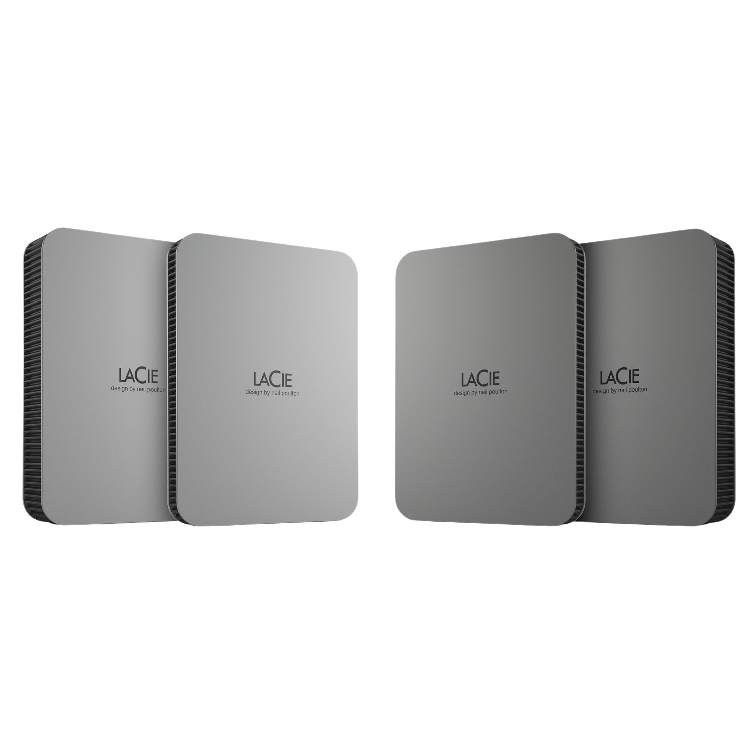 Cztery szare zewnętrzne dyski twarde LaCie na białym tle. Każdy ma logo LaCie.