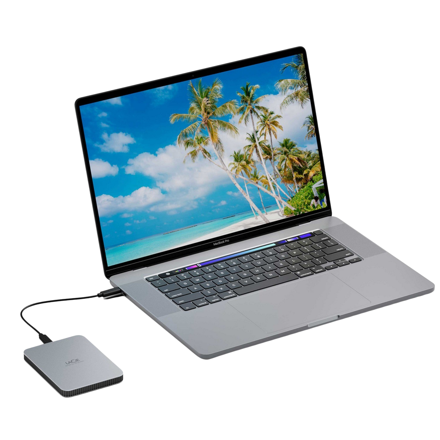 Laptop z tropikalną scenerią plażową na ekranie, podłączony do srebrnego dysku twardego. Białe tło.