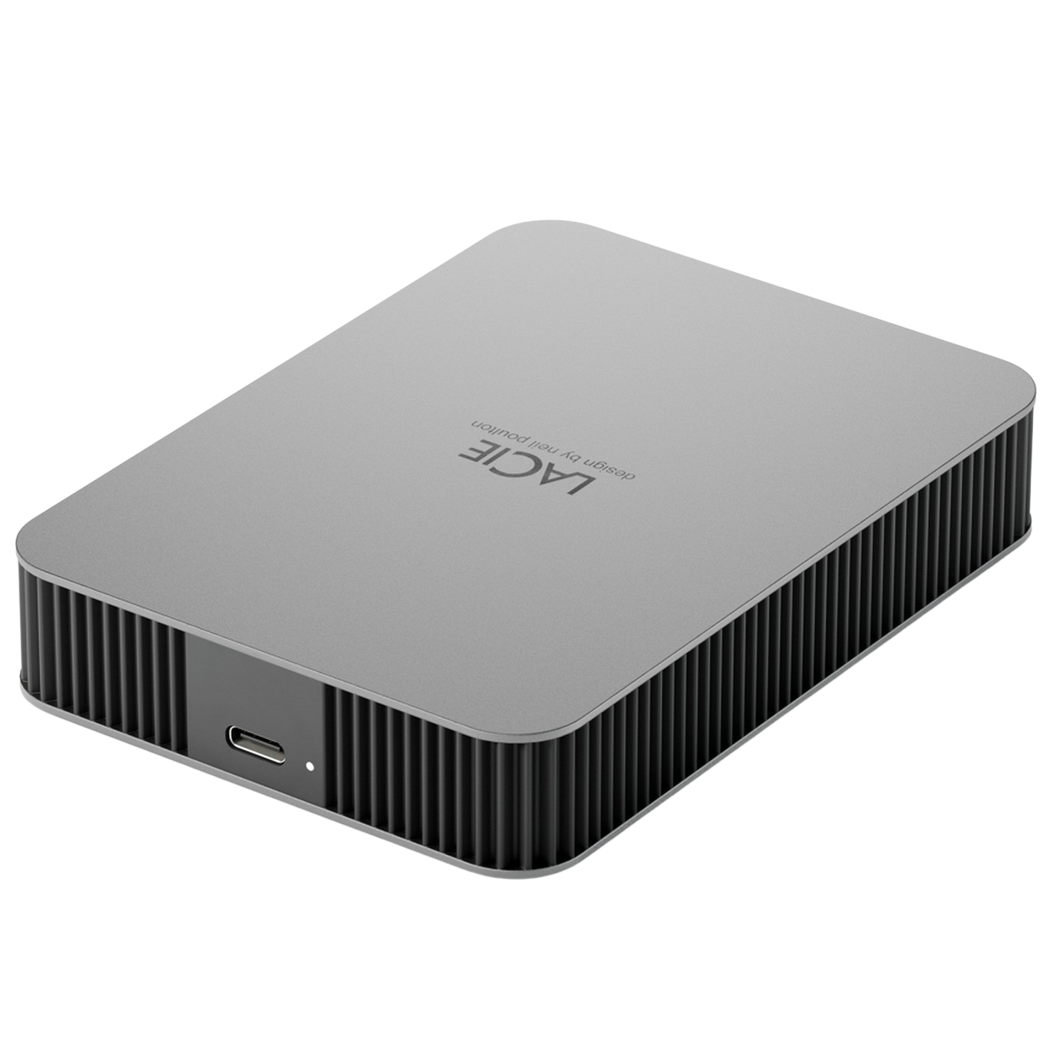 Disco rigido esterno grigio rettangolare con porta USB-C e logo LaCie, su superficie grigia.