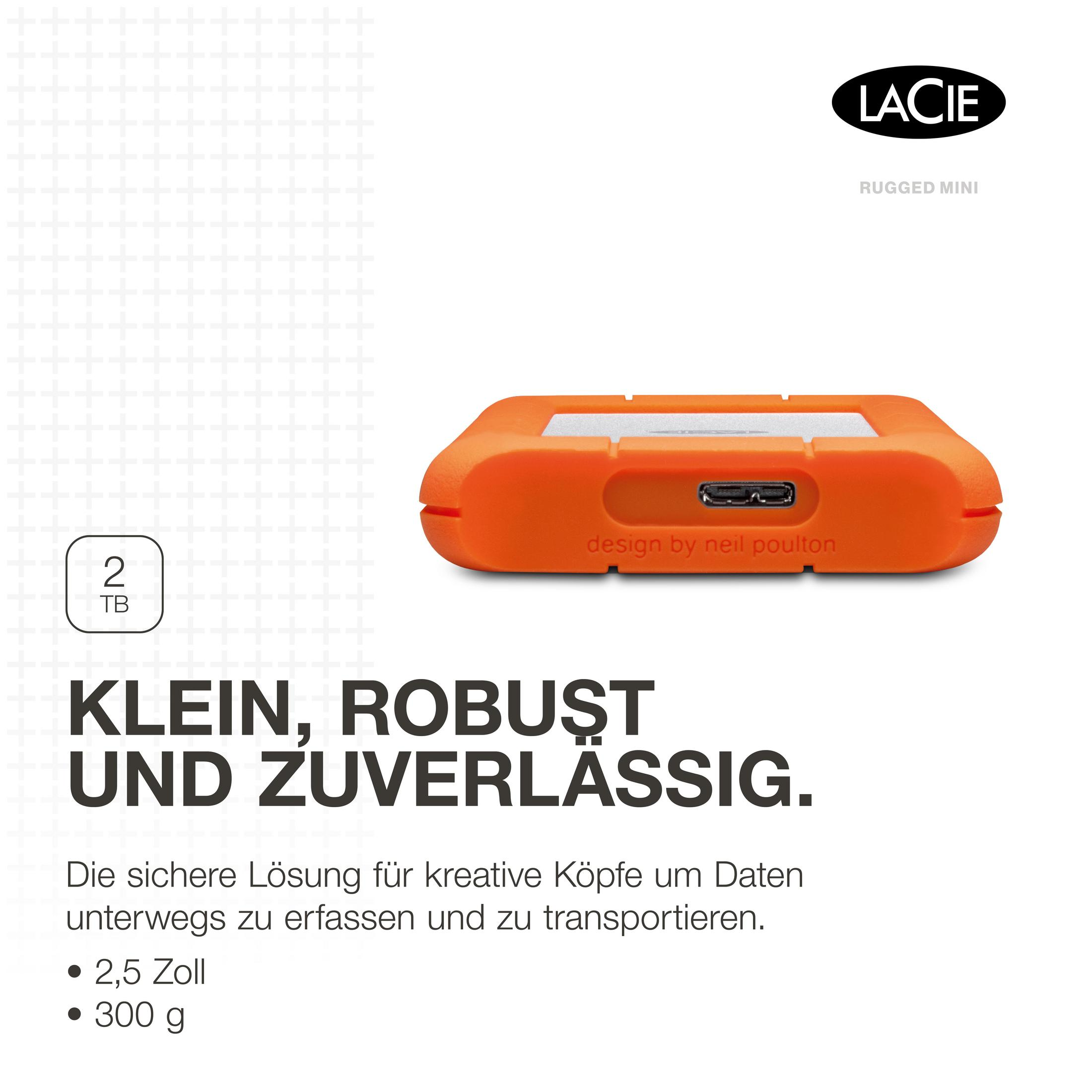 Pomarańczowy zewnętrzny dysk twardy. Tekst: Klein, Robust und Zuverlässig. Białe tło.
