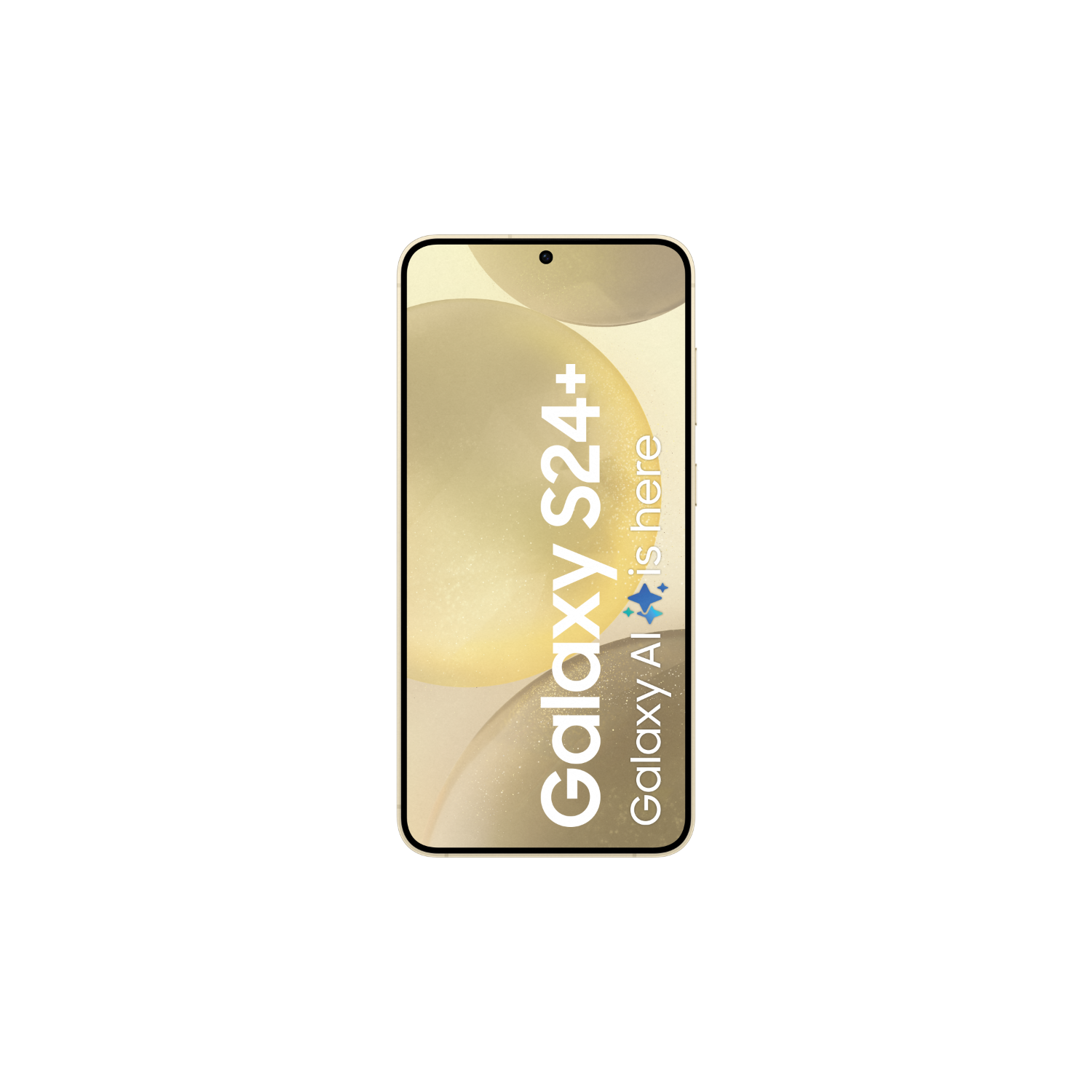 Złoty smartfon z ekranem wyświetlającym tekst 'Galaxy S24+' na czarnym tle.