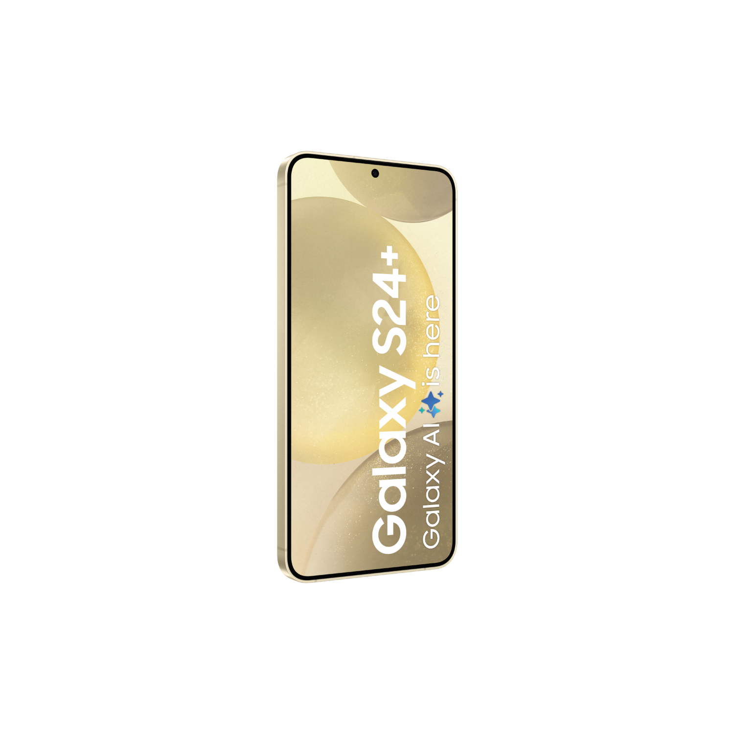 Złoty smartfon, widok z boku, czarne tło. Widoczny tekst 'Galaxy S24+'.