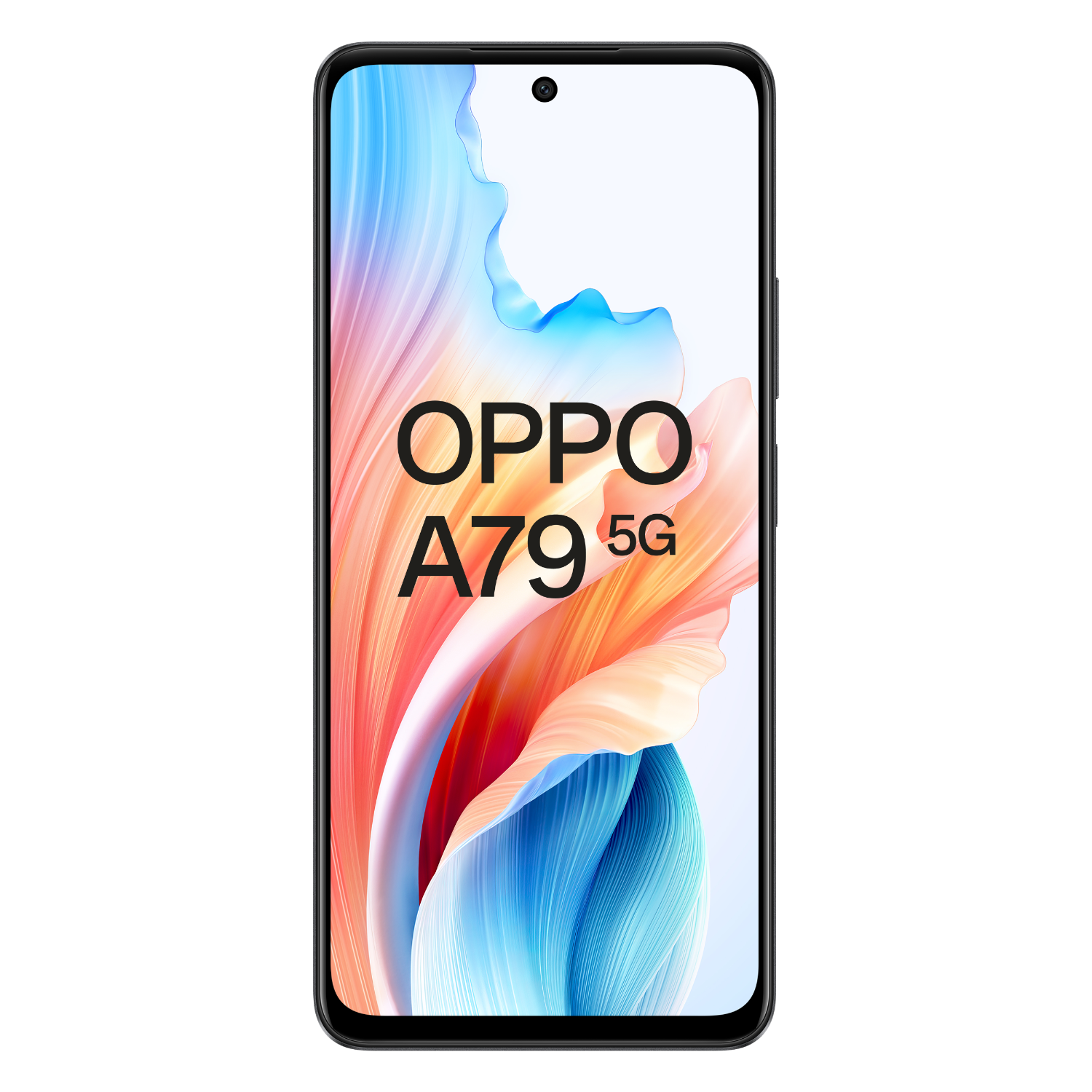 Black Oppo A79 5G phone, white background, with the screen on.