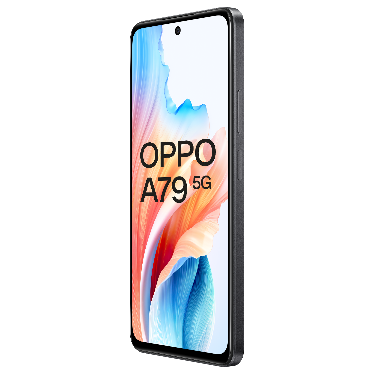 OPPO A79 5G phone on black background, showing its screen with colorful graphics.