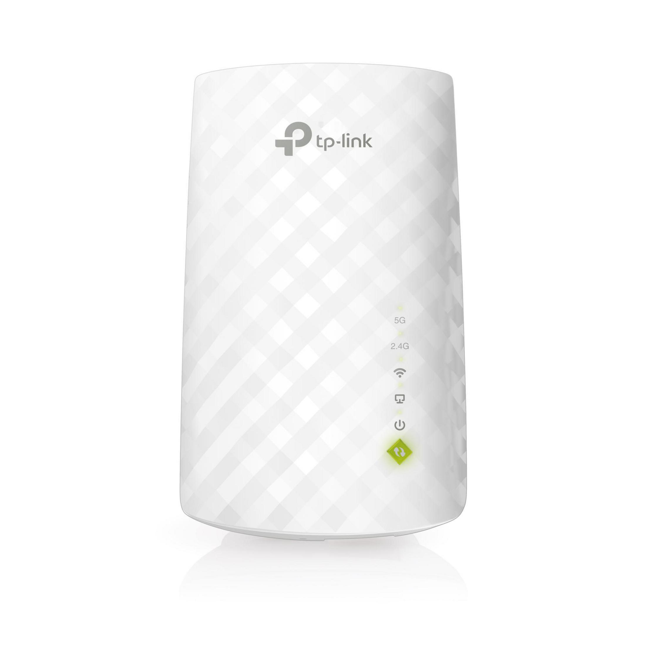 Weißer WLAN-Repeater mit Lichtern und Knöpfen. Weißer Hintergrund.