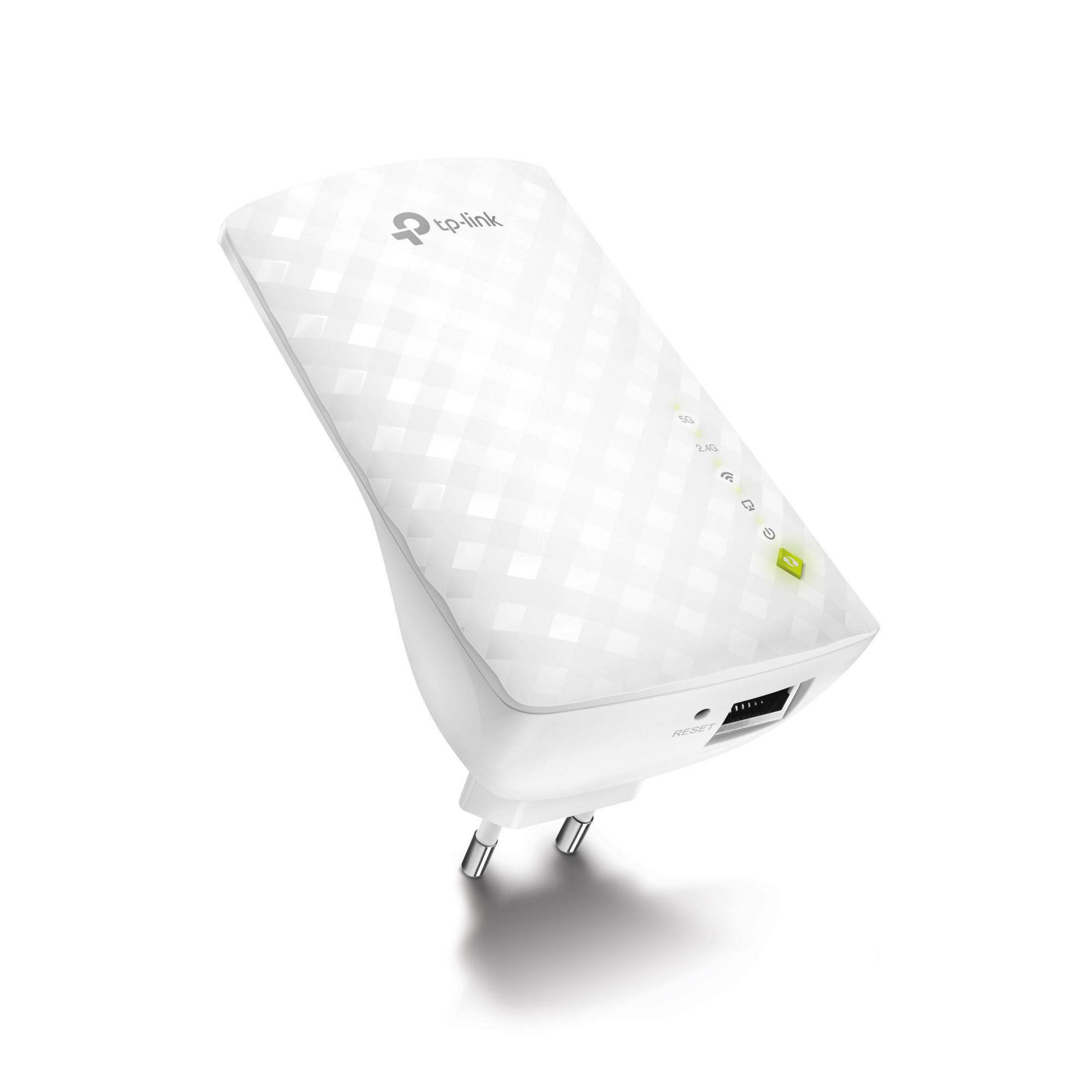 Weißer TP-Link WLAN-Repeater. Er hat Lichter und einen USB-Anschluss und wird direkt in die Steckdose gesteckt.