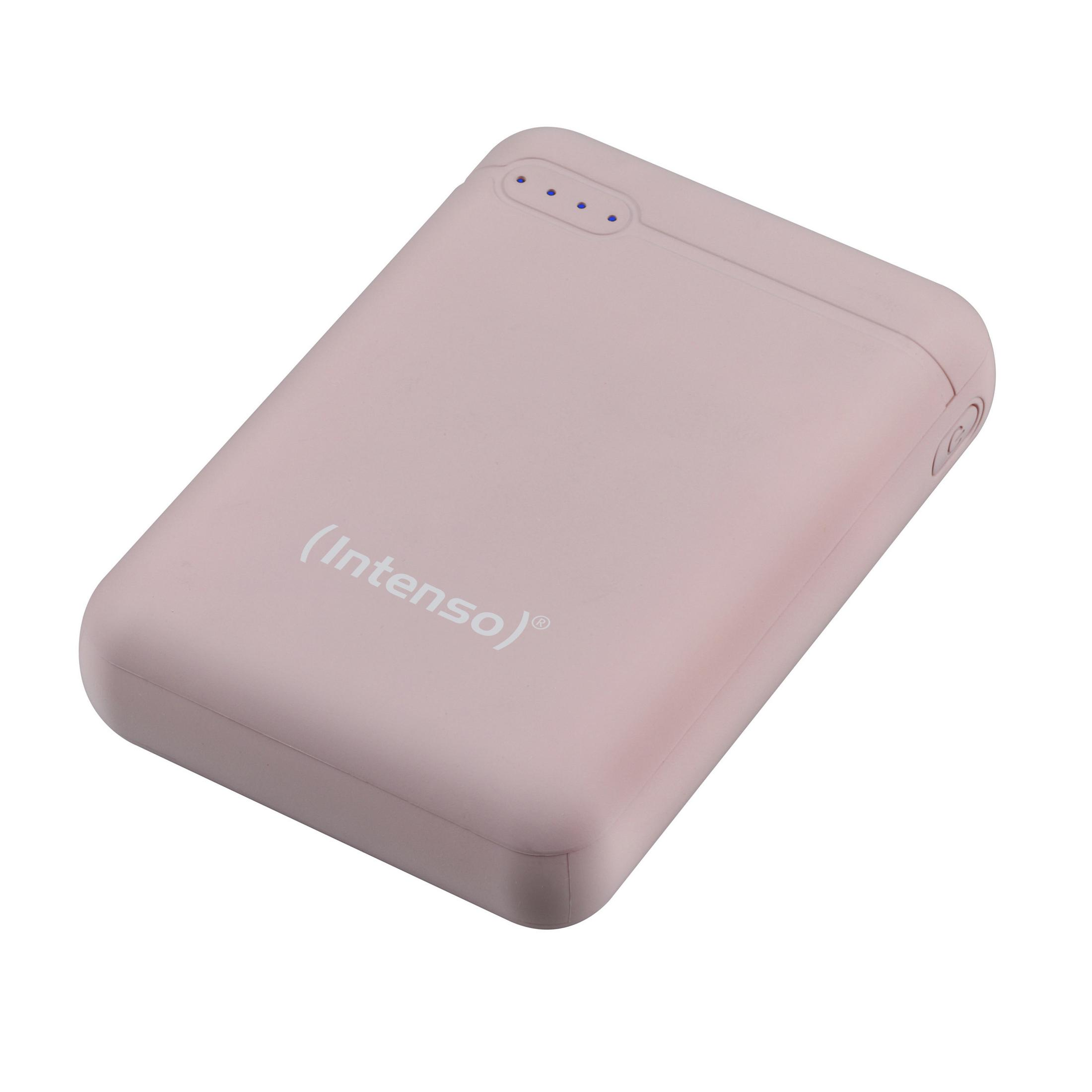 Eine rosafarbene Powerbank mit dem Markennamen "(Intenso)".