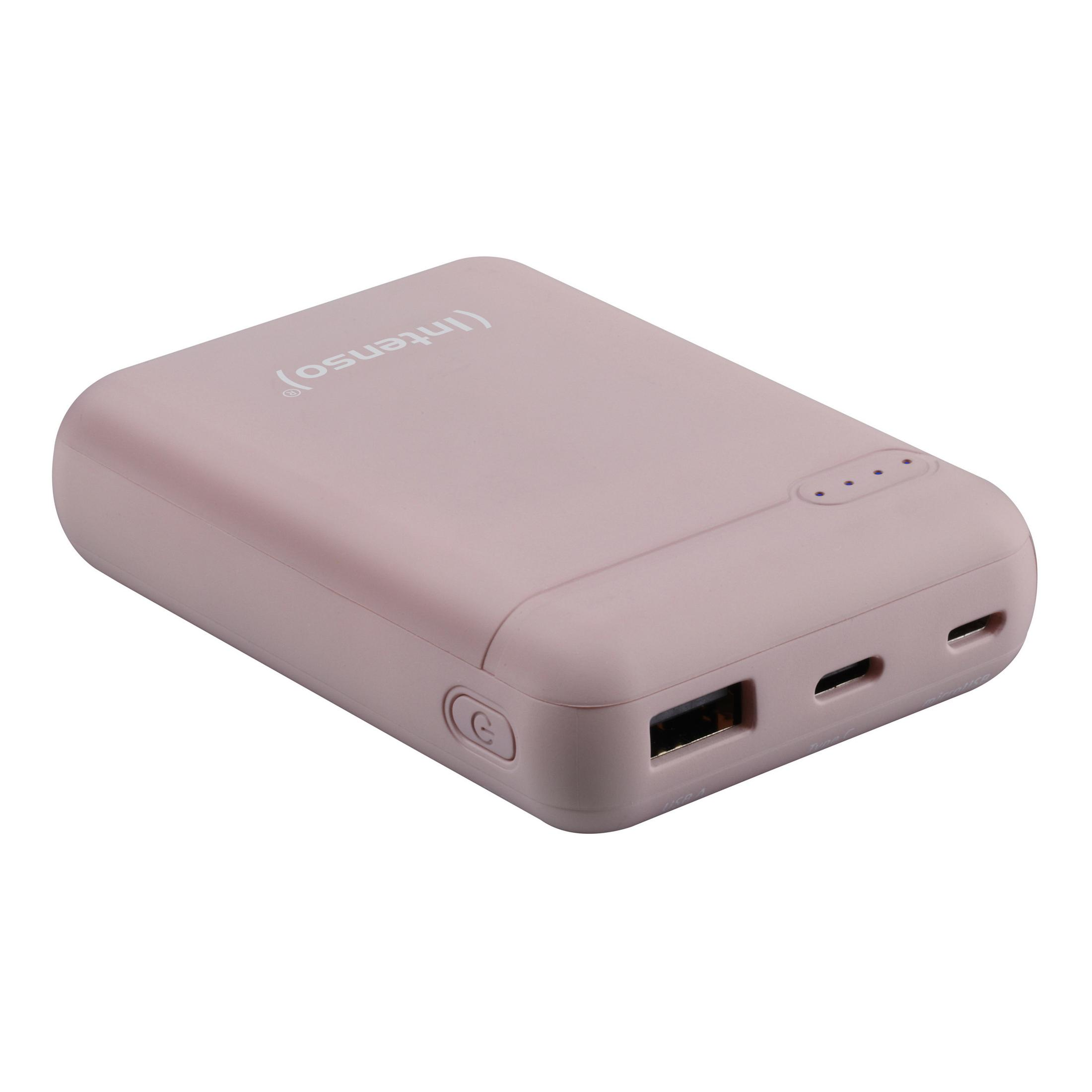 Pinke Powerbank mit Knopf und Ladeanschlüssen. Der Markenname lautet (intenso).