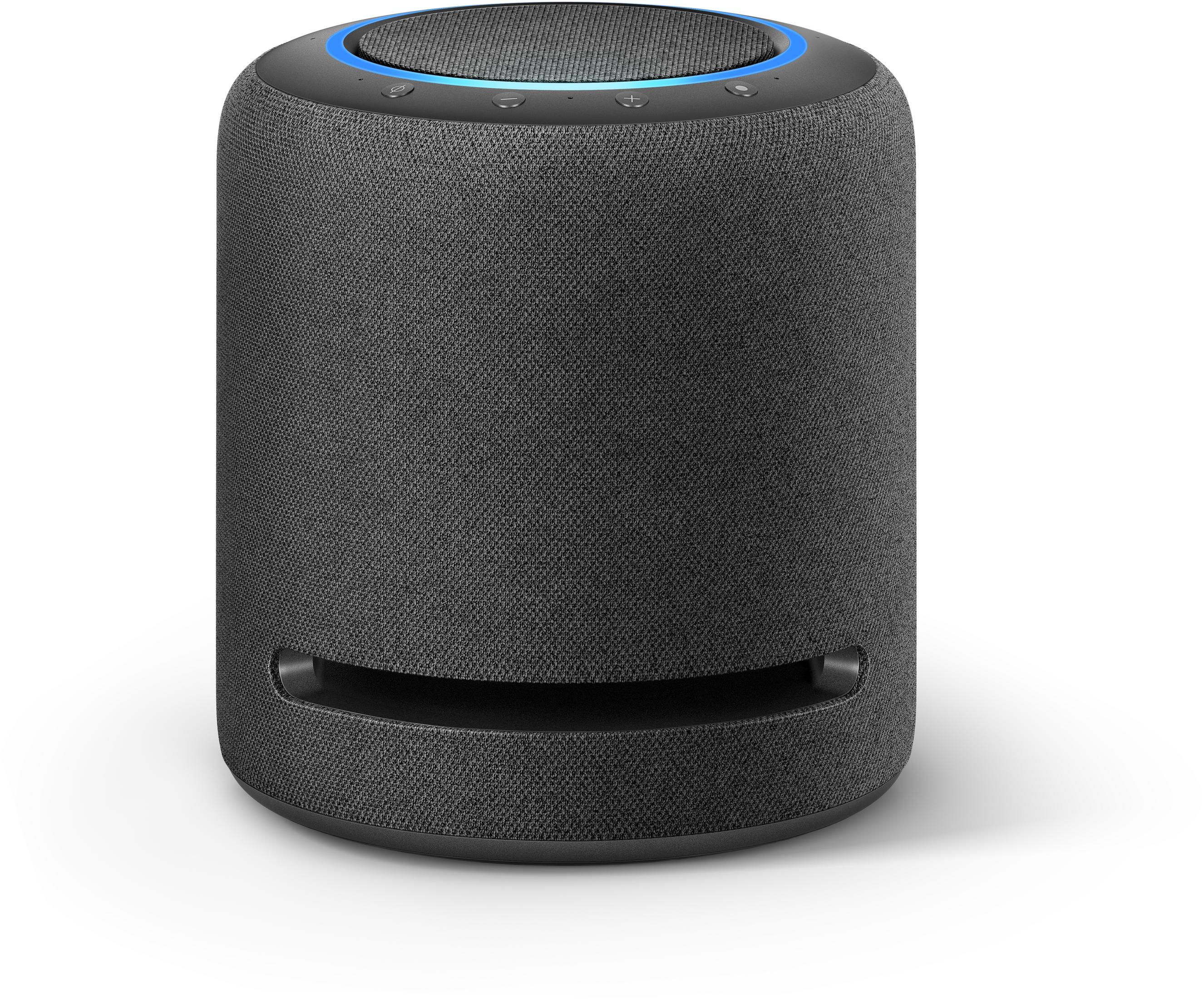 Schwarzer zylindrischer Smart-Lautsprecher. Die Oberseite hat Touch-Bedienelemente mit blauem Lichtring.