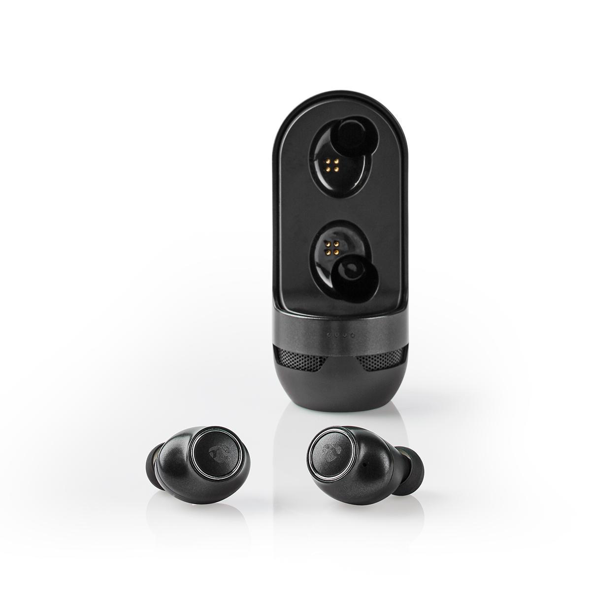 Auricolari wireless neri in una custodia di ricarica nera.