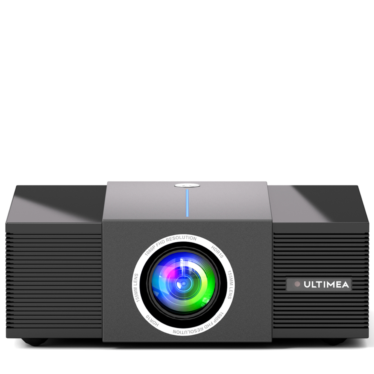 Czarny projektor z białą soczewką pośrodku i napisem 'ULTIMEA'.