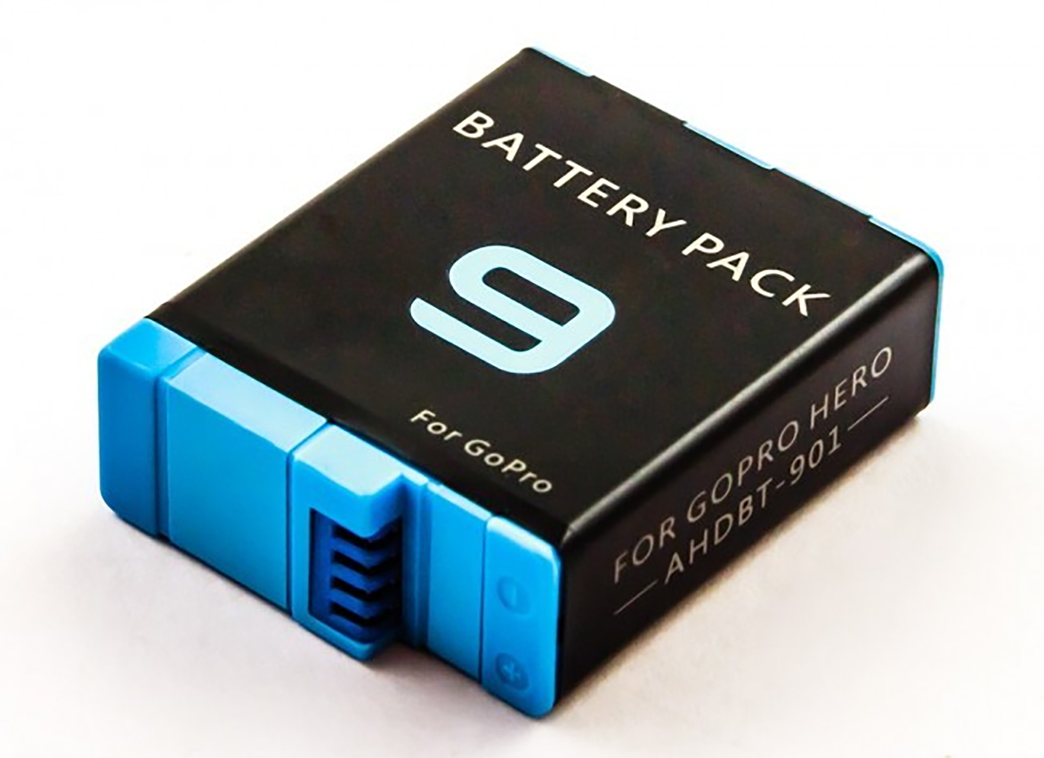 Schwarz-blaues GoPro-Akkupack mit den Aufschriften '9' und 'Battery Pack'.