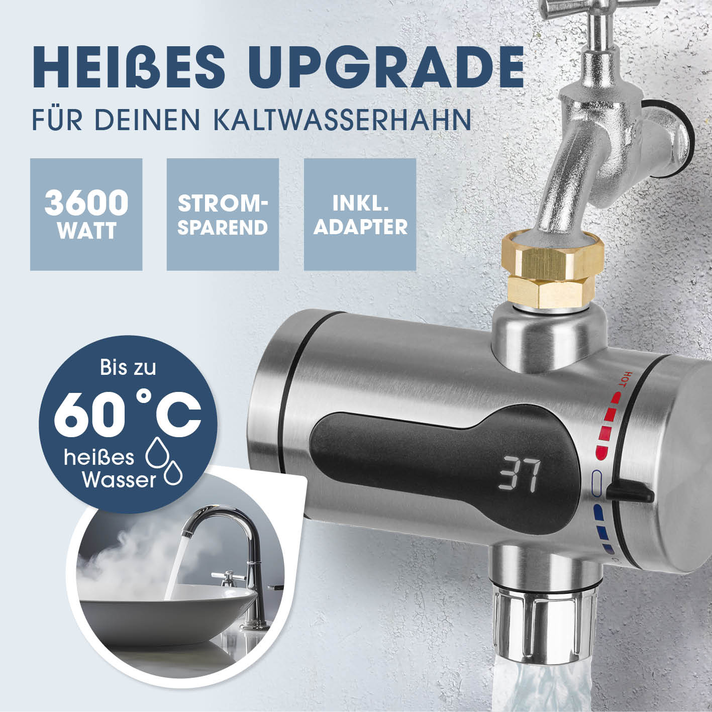 Ein silberner Wasserkocher mit Text über seine Eigenschaften.
