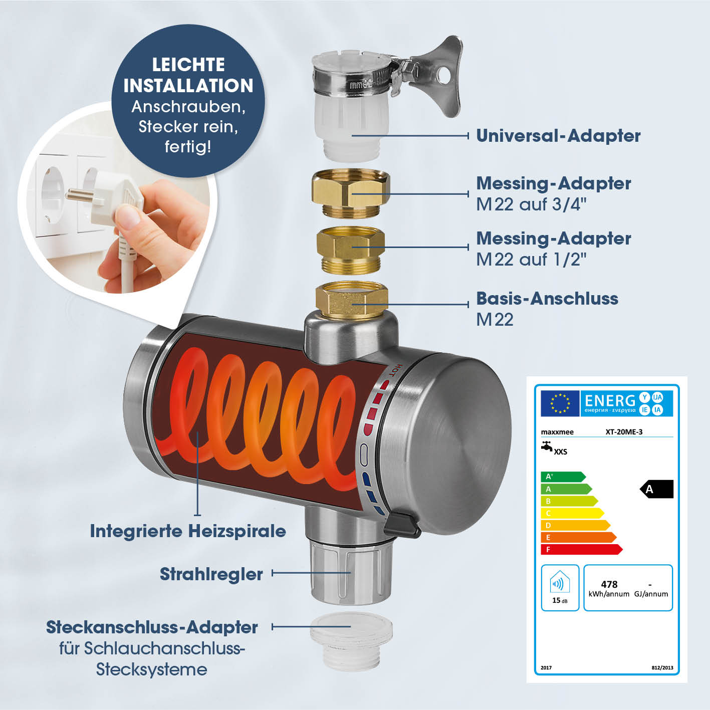Heizkörperkomponenten: Spirale, Adapter und Energielabel mit Details.