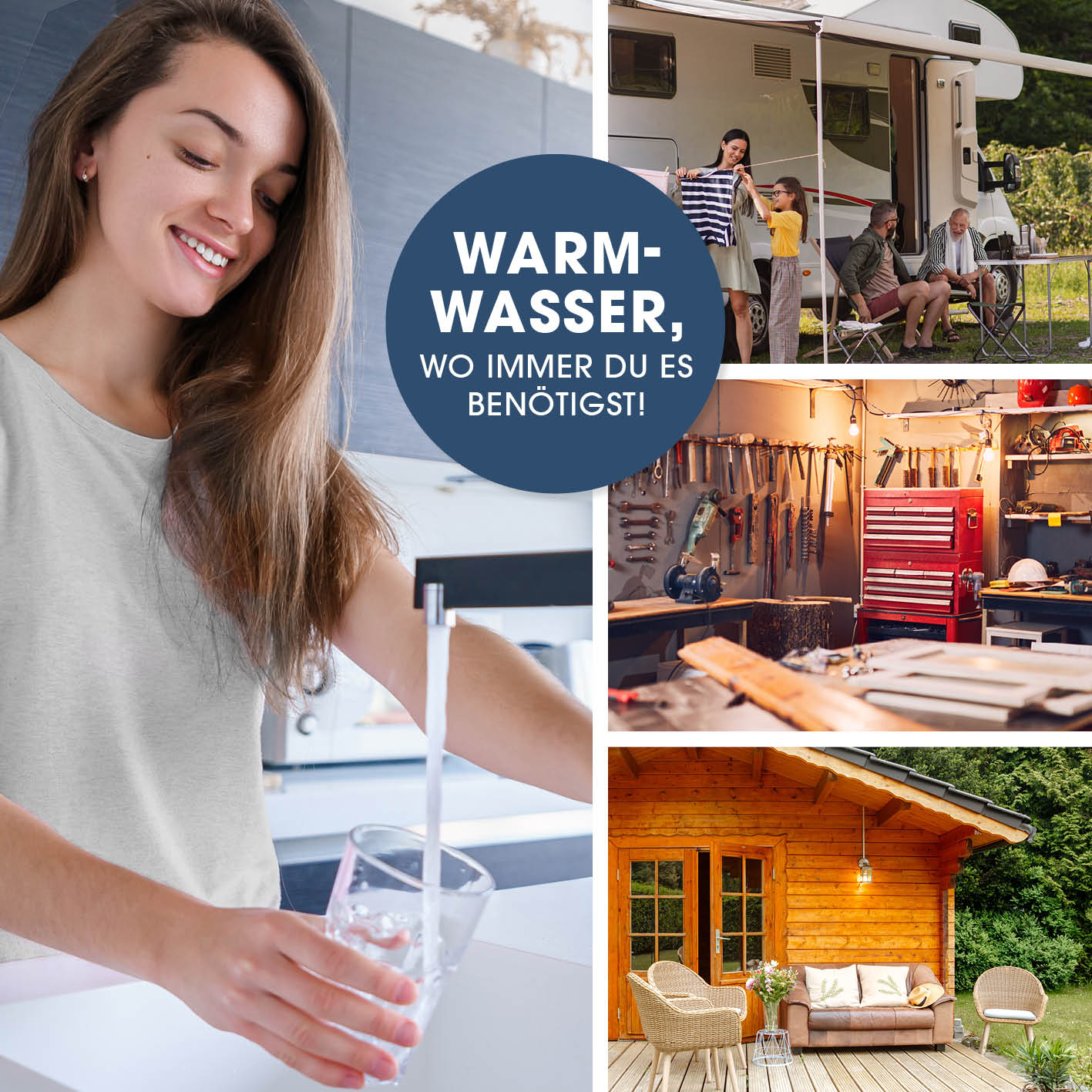 Eine Frau, die ein Glas mit Wasser füllt. Andere Bilder zeigen einen Camper, eine Garage und eine Hütte.