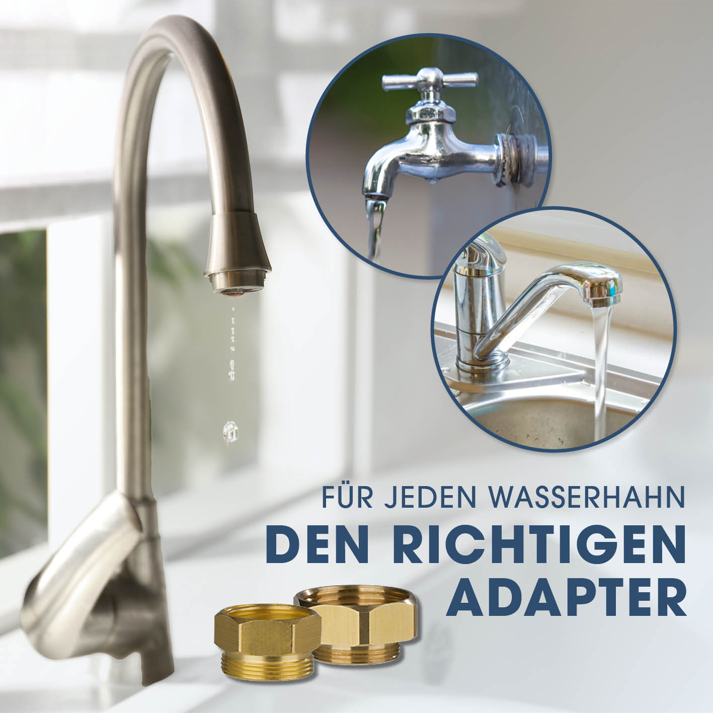Wasserhahn mit Adaptern. Drei Adapter befinden sich im Vordergrund.