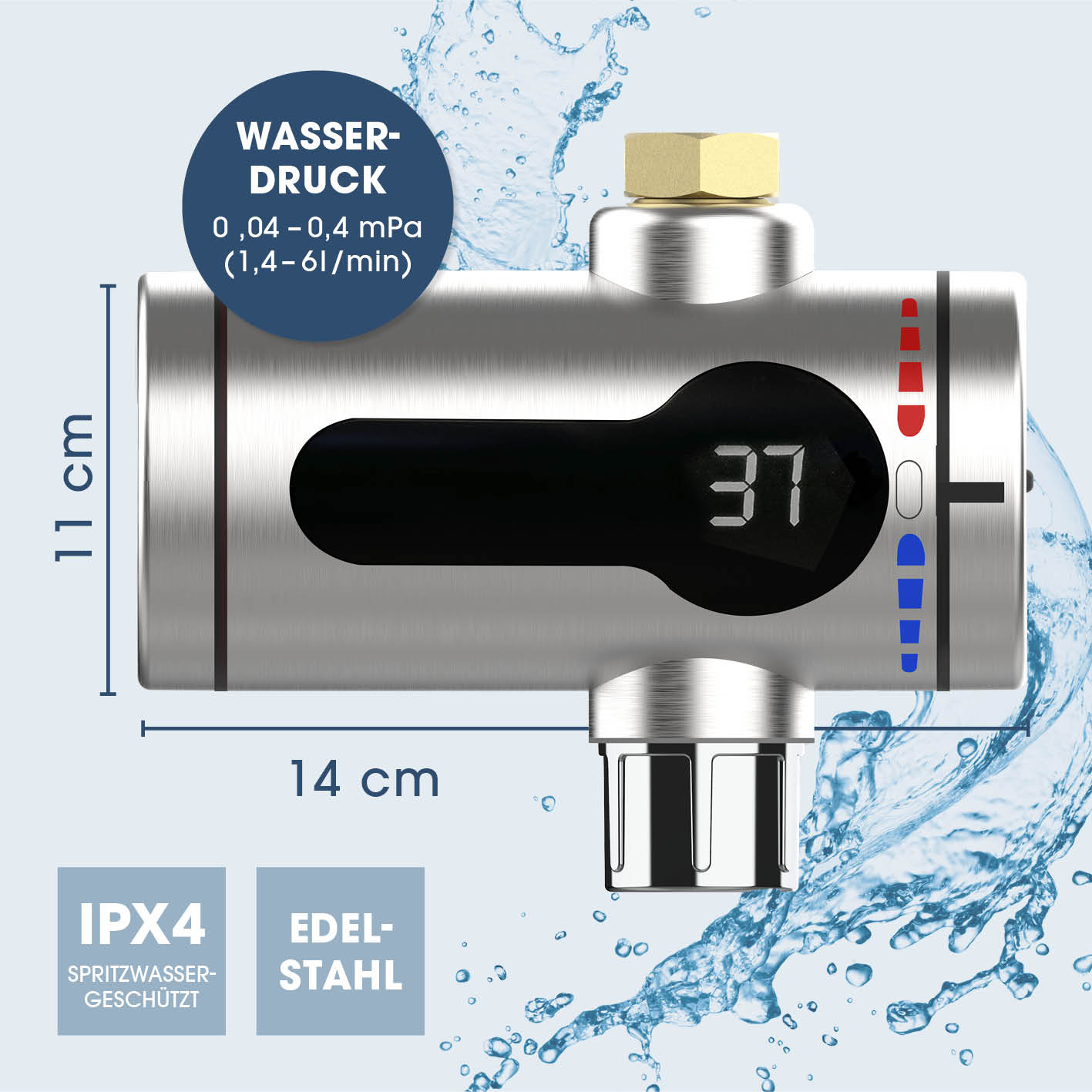 Silberner Warmwasserbereiter mit Digitalanzeige, Abmessungen und Wassertropfen.
