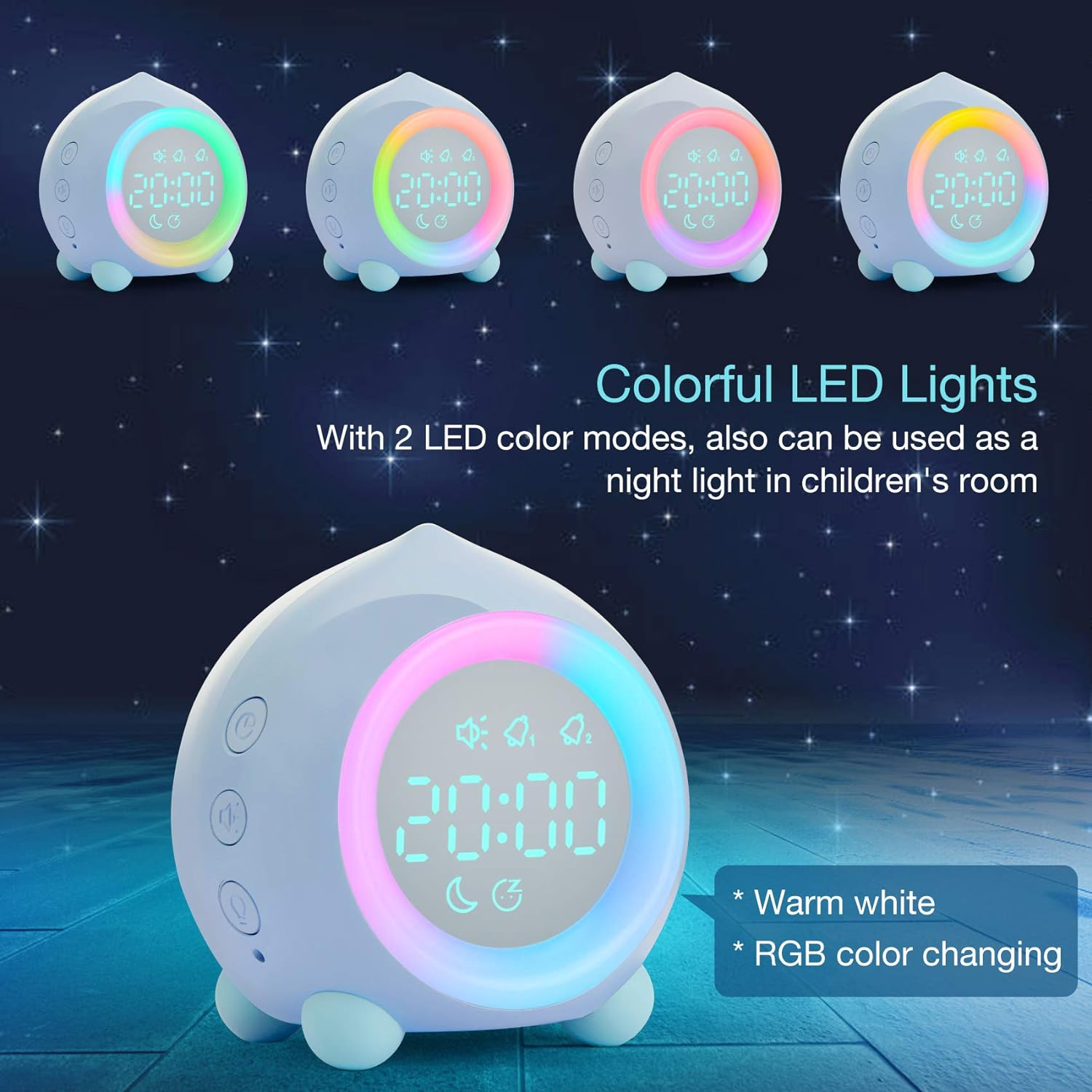 Wecker mit bunten LED-Leuchten, die die Zeit anzeigen, mit mehreren Farbmodi.