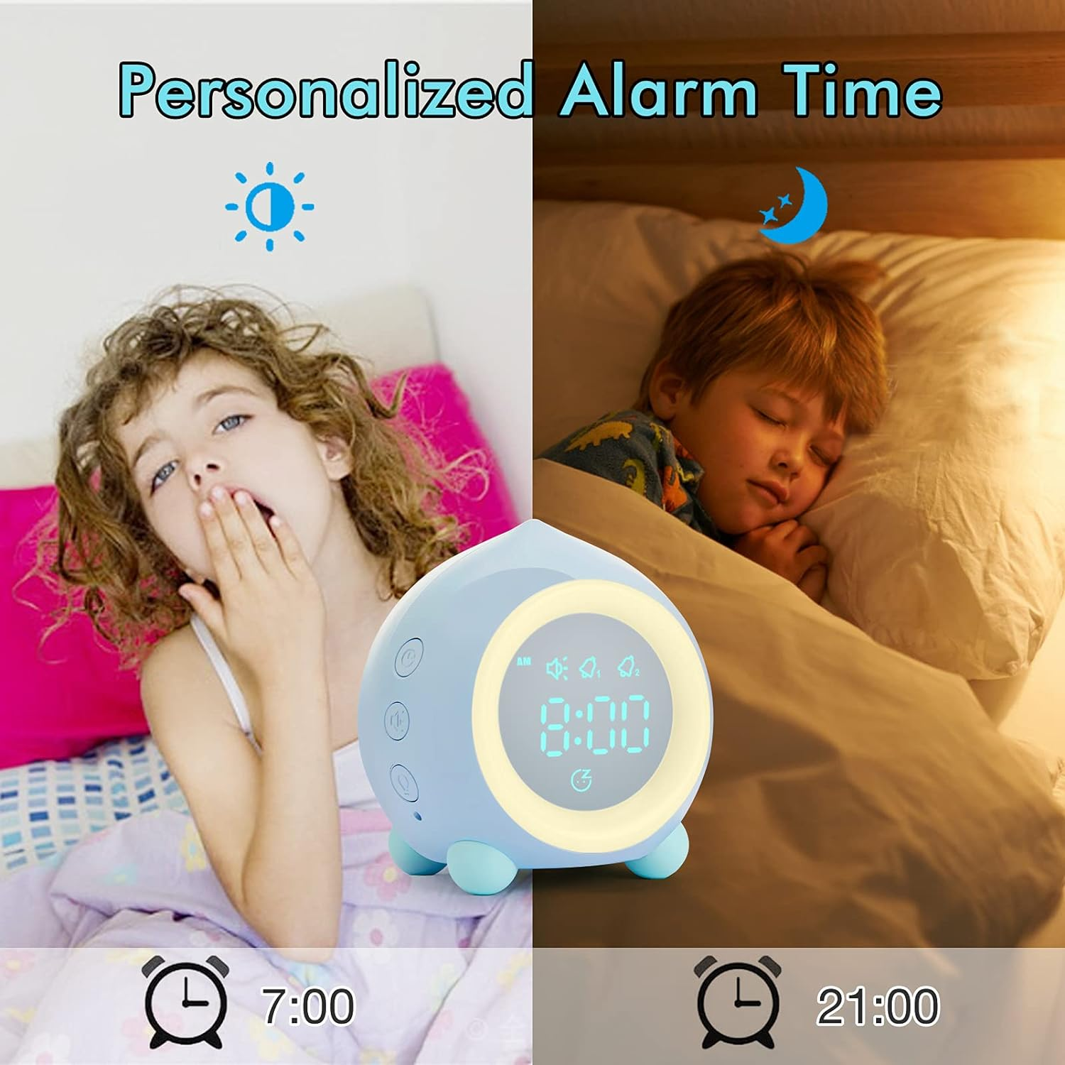 Ein blauer Wecker mit Kind im Bett und Kind wach. Personalisierte Weckzeit.