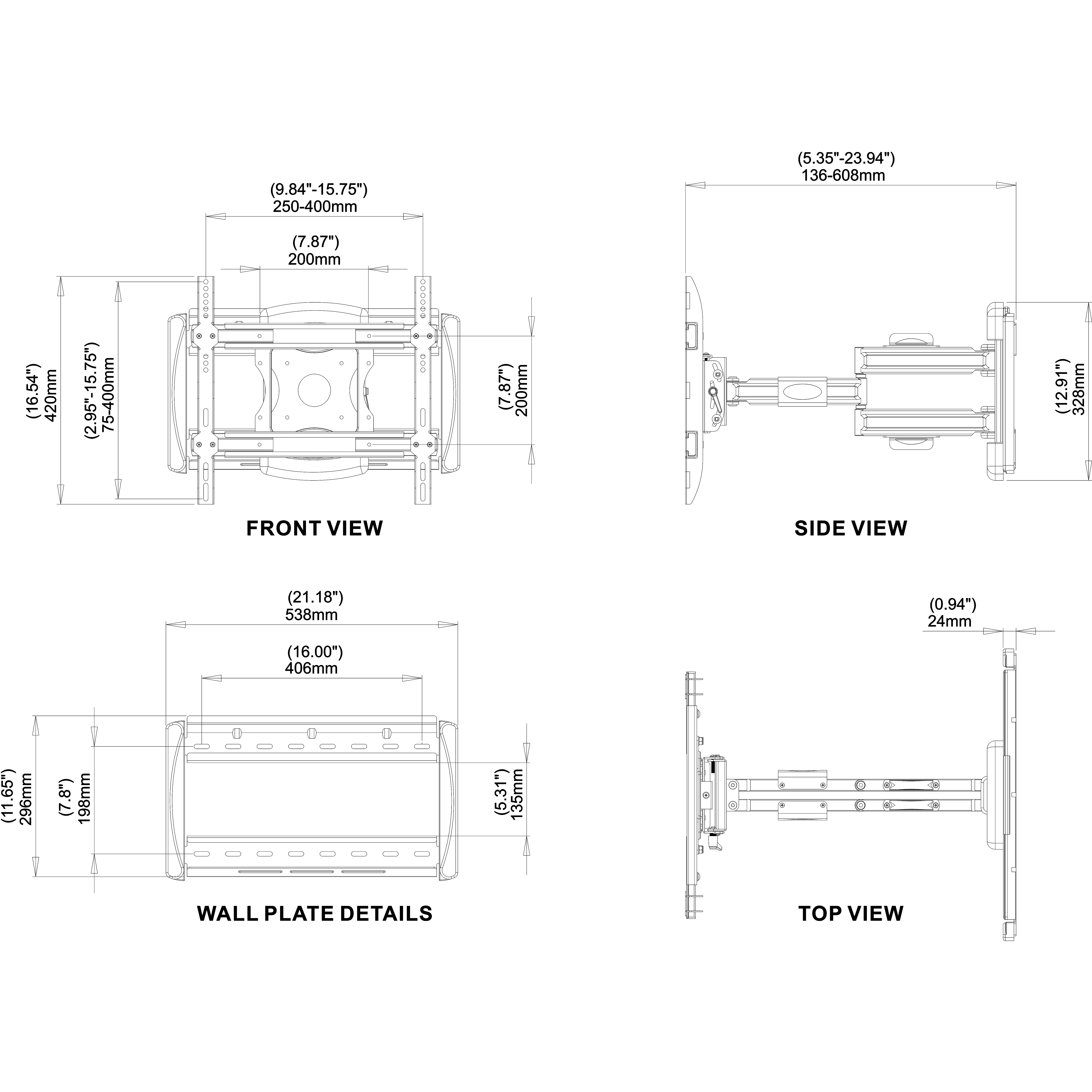 Diagramm einer Wandhalterung für einen Fernseher. Vorder-, Seiten-, Wandplatten- und Draufsicht mit Abmessungen.