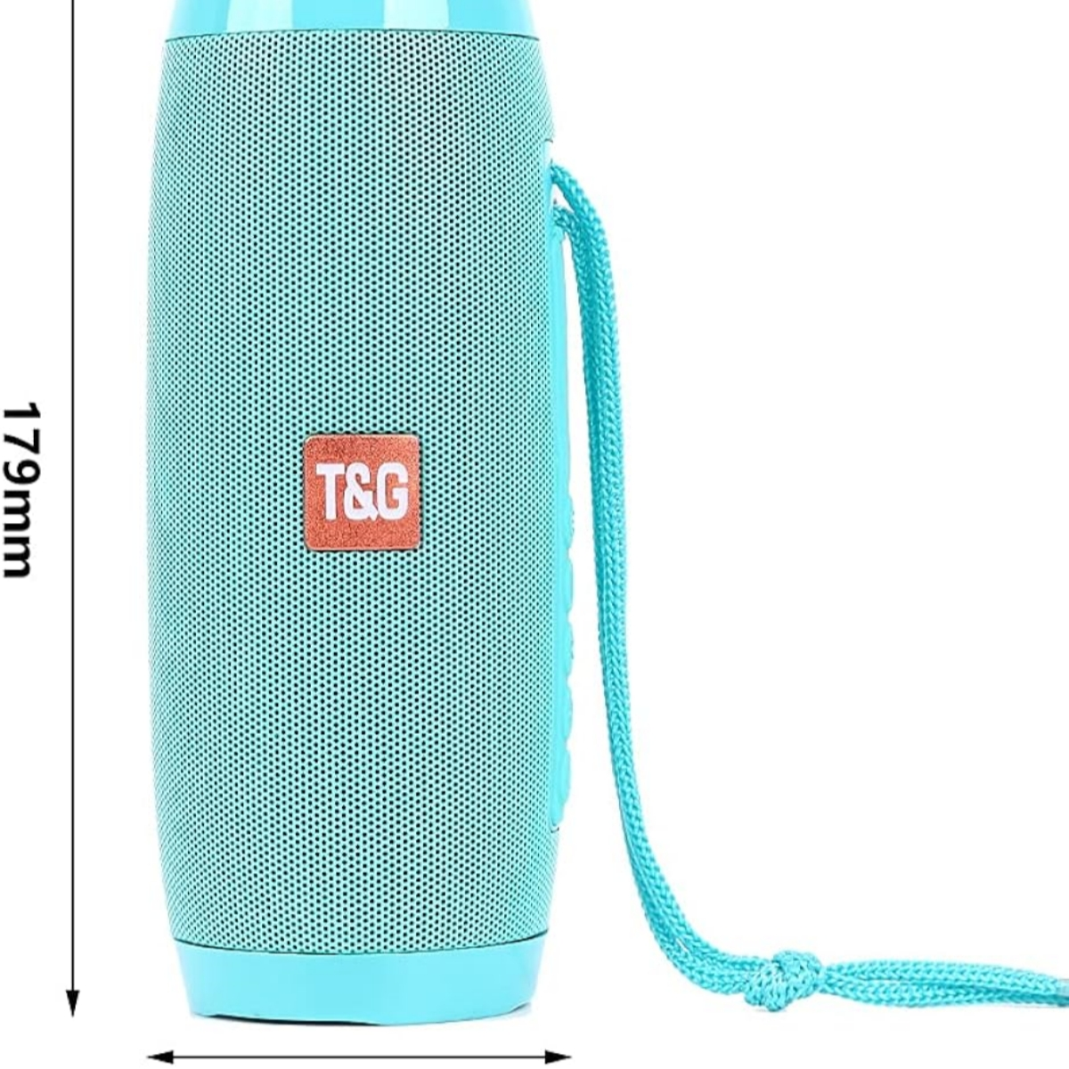 Ein türkisblauer tragbarer Lautsprecher mit blauem Gurt, das T&G-Logo zeigend, vor Weiß.