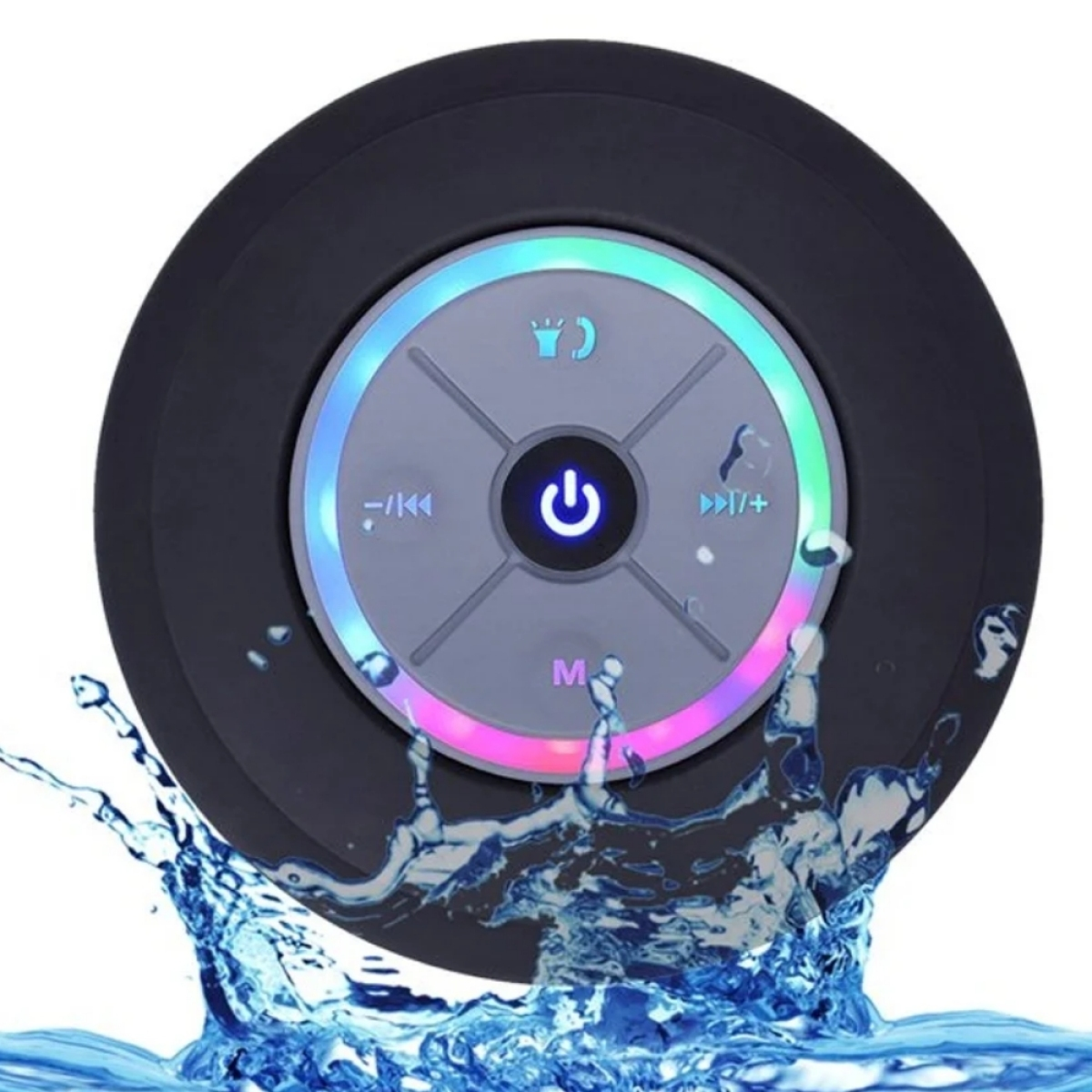 Ein schwarzer, runder, wasserdichter Lautsprecher mit Steuertasten. Wasserspritzer am unteren Rand.